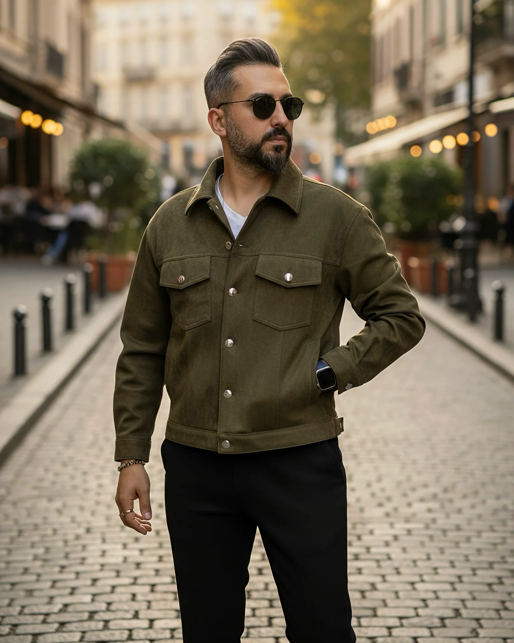 Boxy Fit Suede Men's Jacket - Khaki green