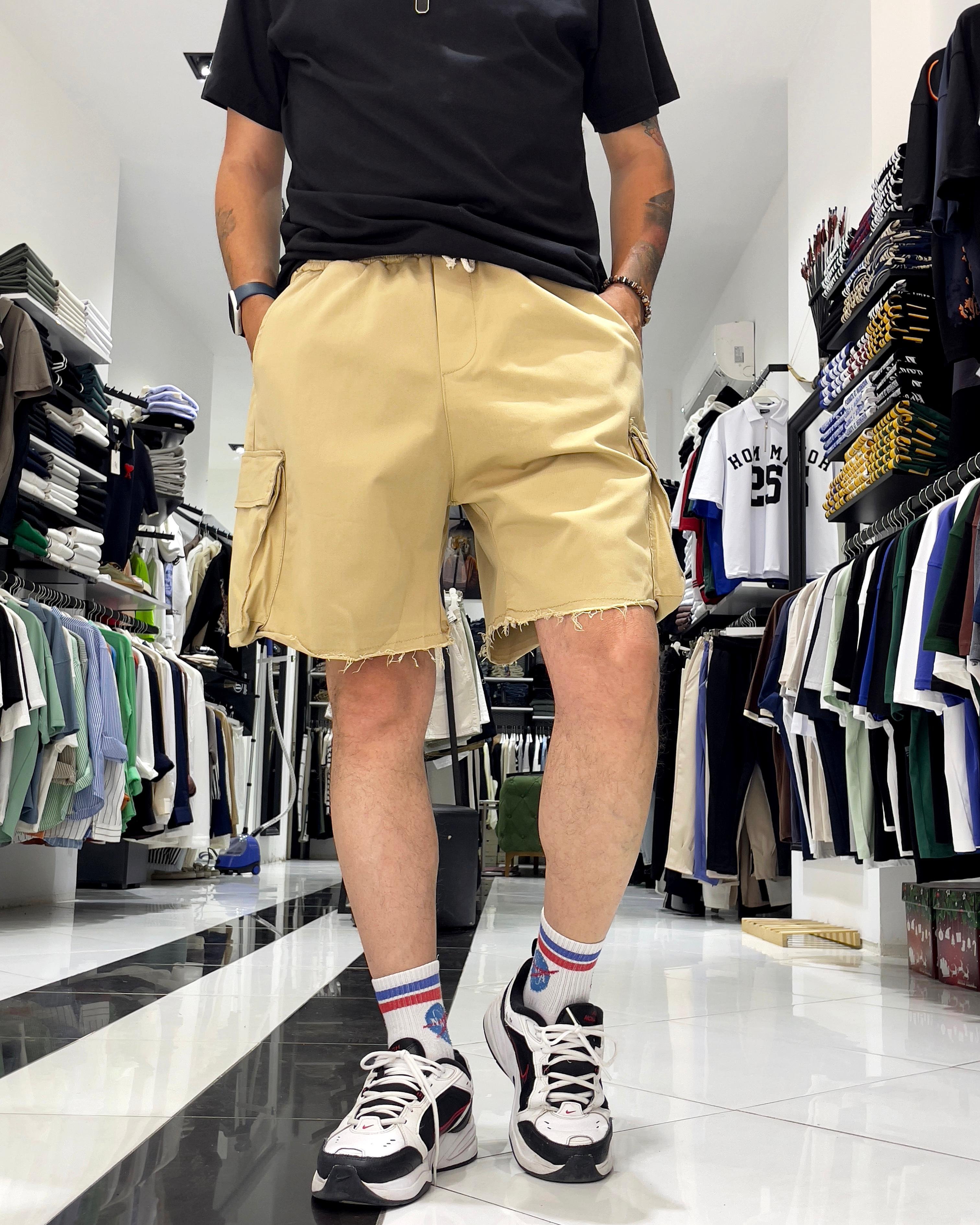 Baggy Fit Organik Denim Erkek Kargo Şort – Higo Man - krem