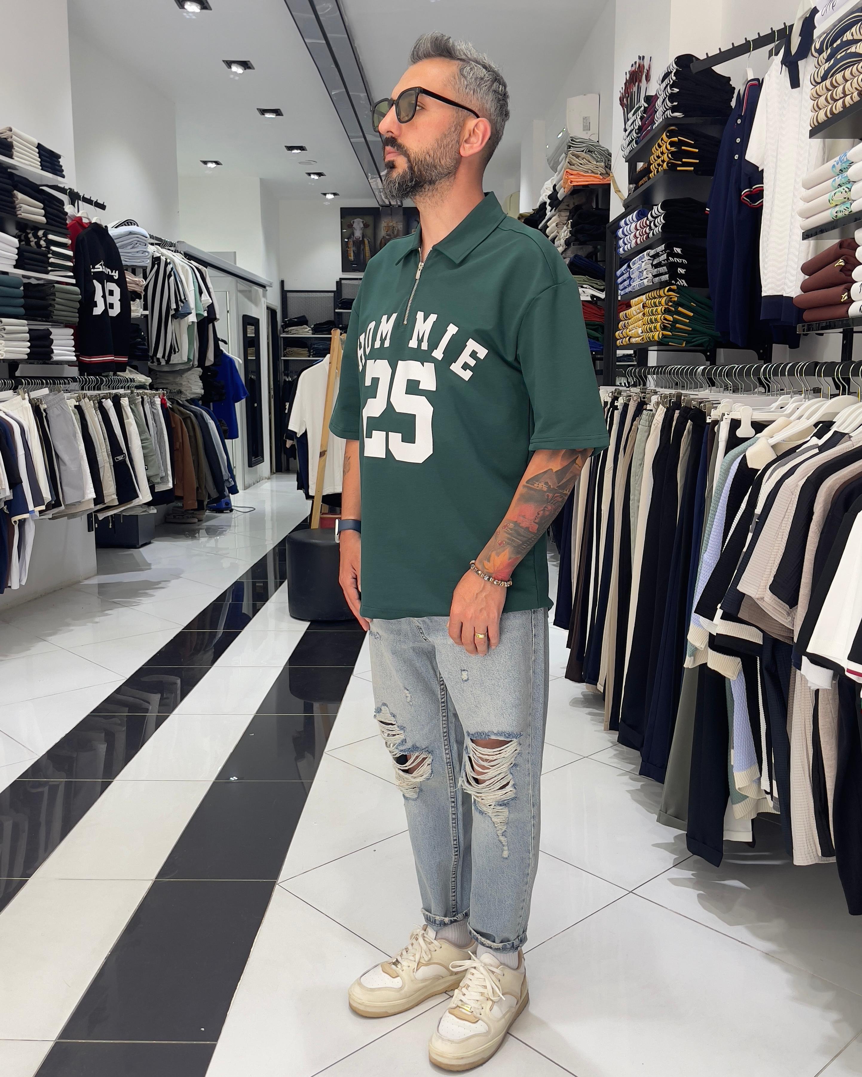 Hommie Baskili Oversize Erkek Polo Yaka T-Shirt - yeşil