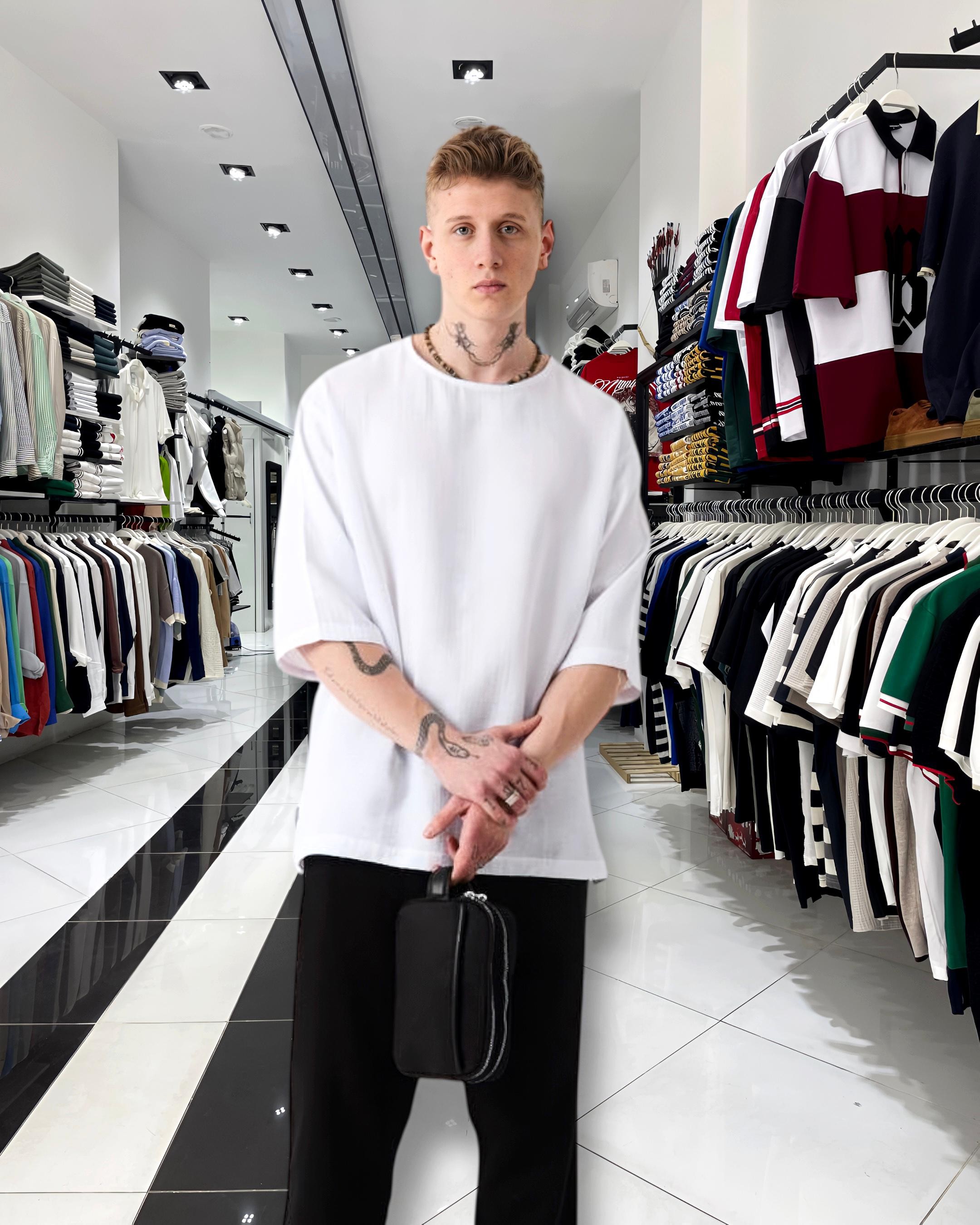 Fakir Kol Keten Oversize T-Shirt  - beyaz