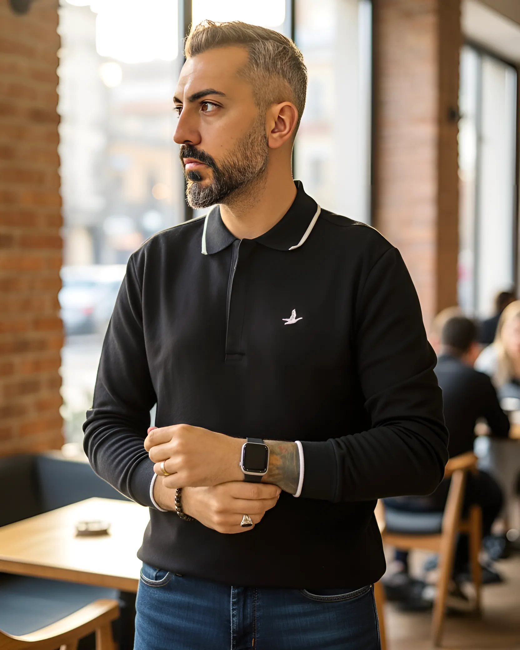 Uzun Kollu  Yarım Fermuarlı Pike Kumaş Erkek Polo - siyah