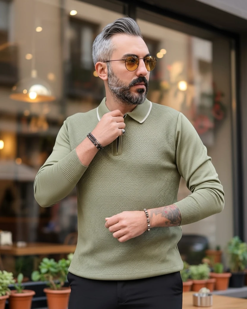 Old Money Erkek Yarım Fermuarlı Triko Kazak - yeşil