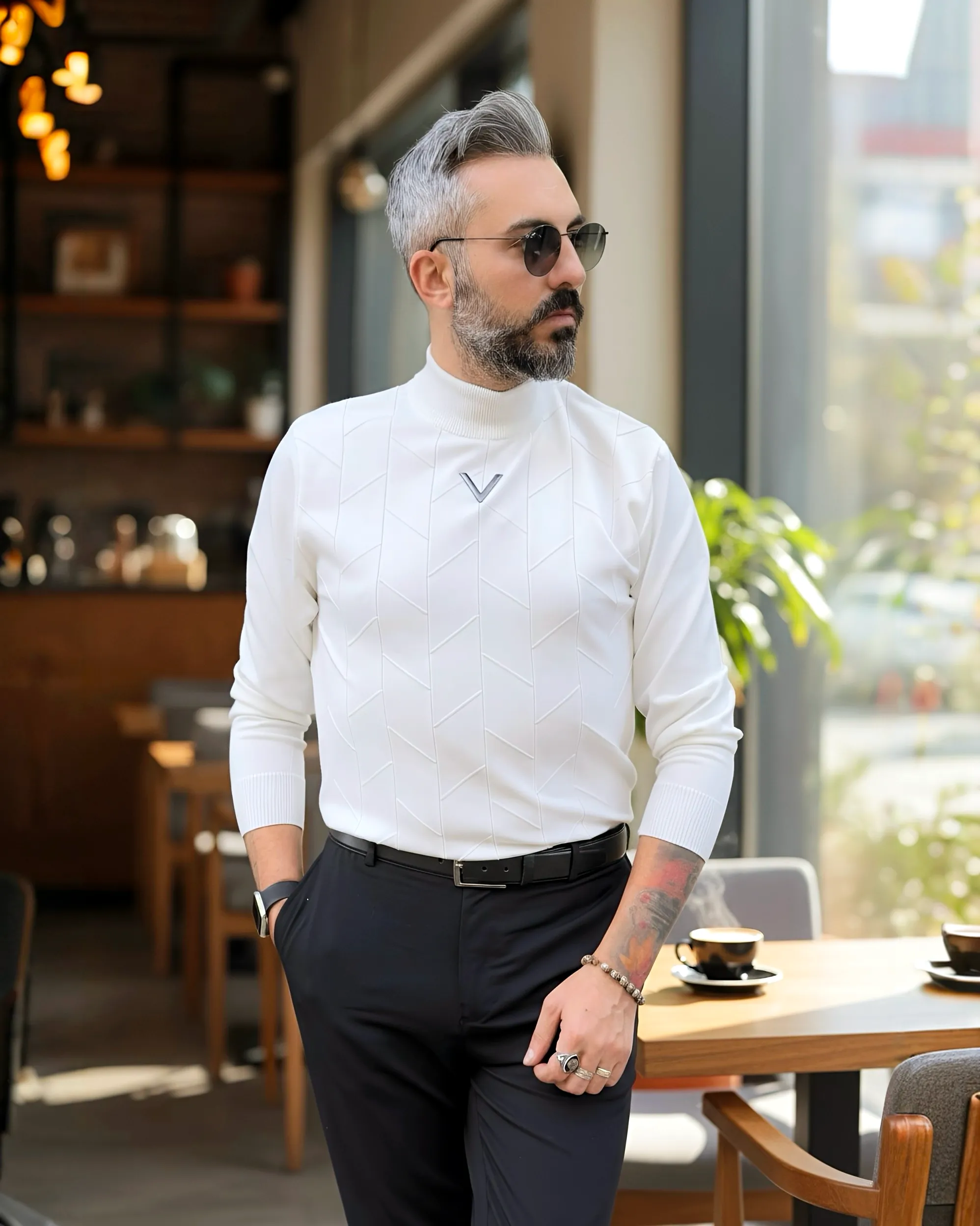 Yarım Balıkçı Desenli Triko Erkek Kazak - beyaz