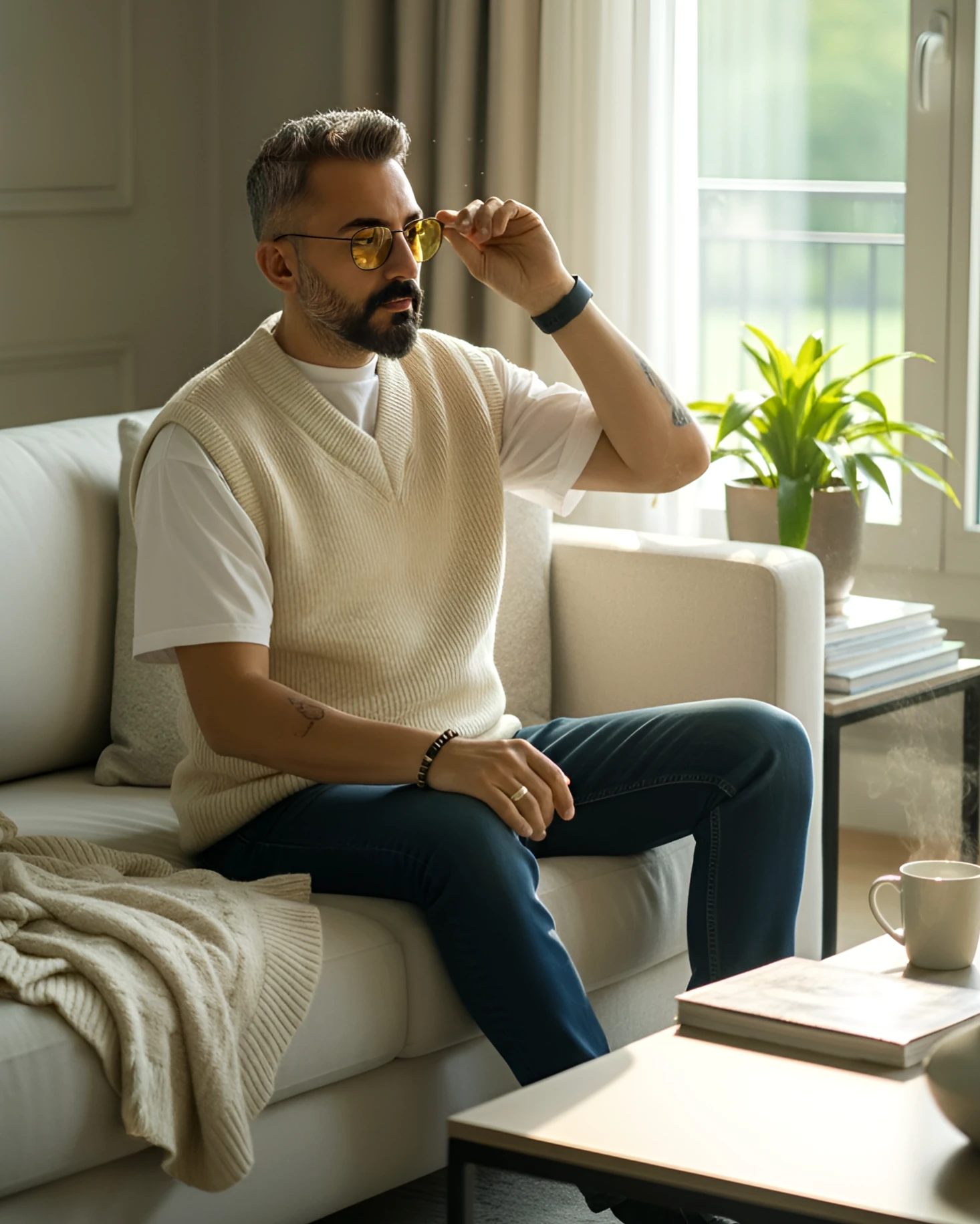 Kolsuz V Yaka Erkek Süveter - bej