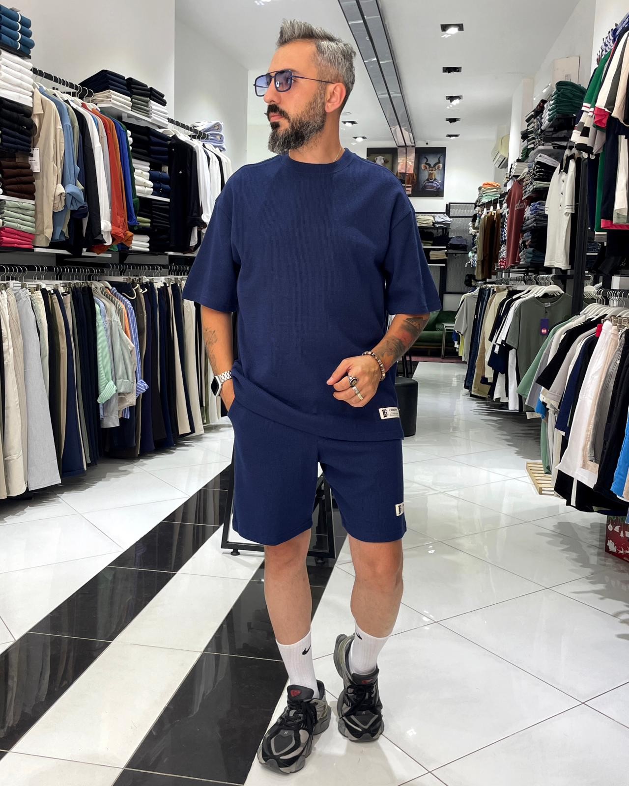 Waffle Kumaş Oversize Erkek T-Shirt & Şort İkili Takım - lacivert