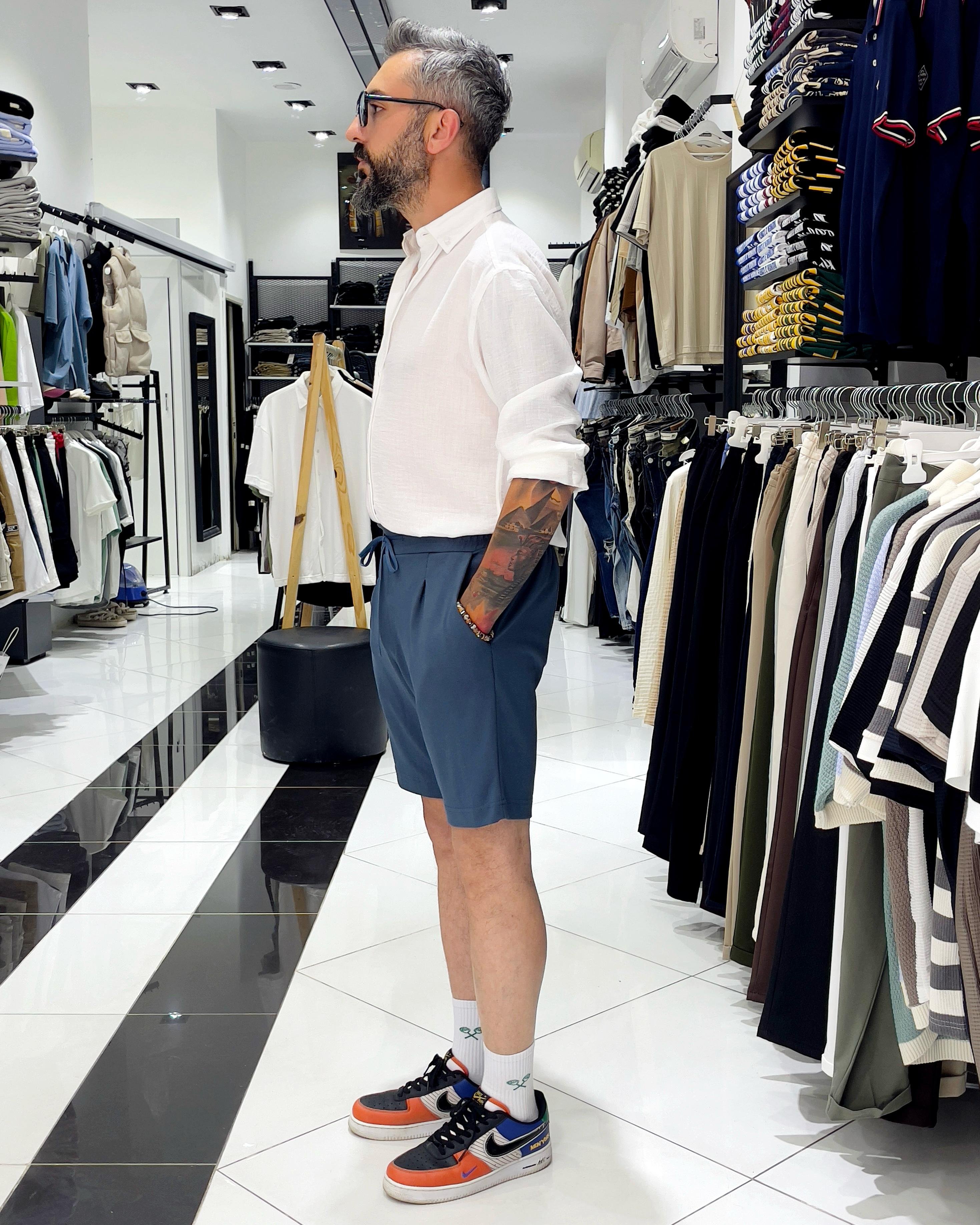 Soft Textured Combed Cotton Shorts - Blue