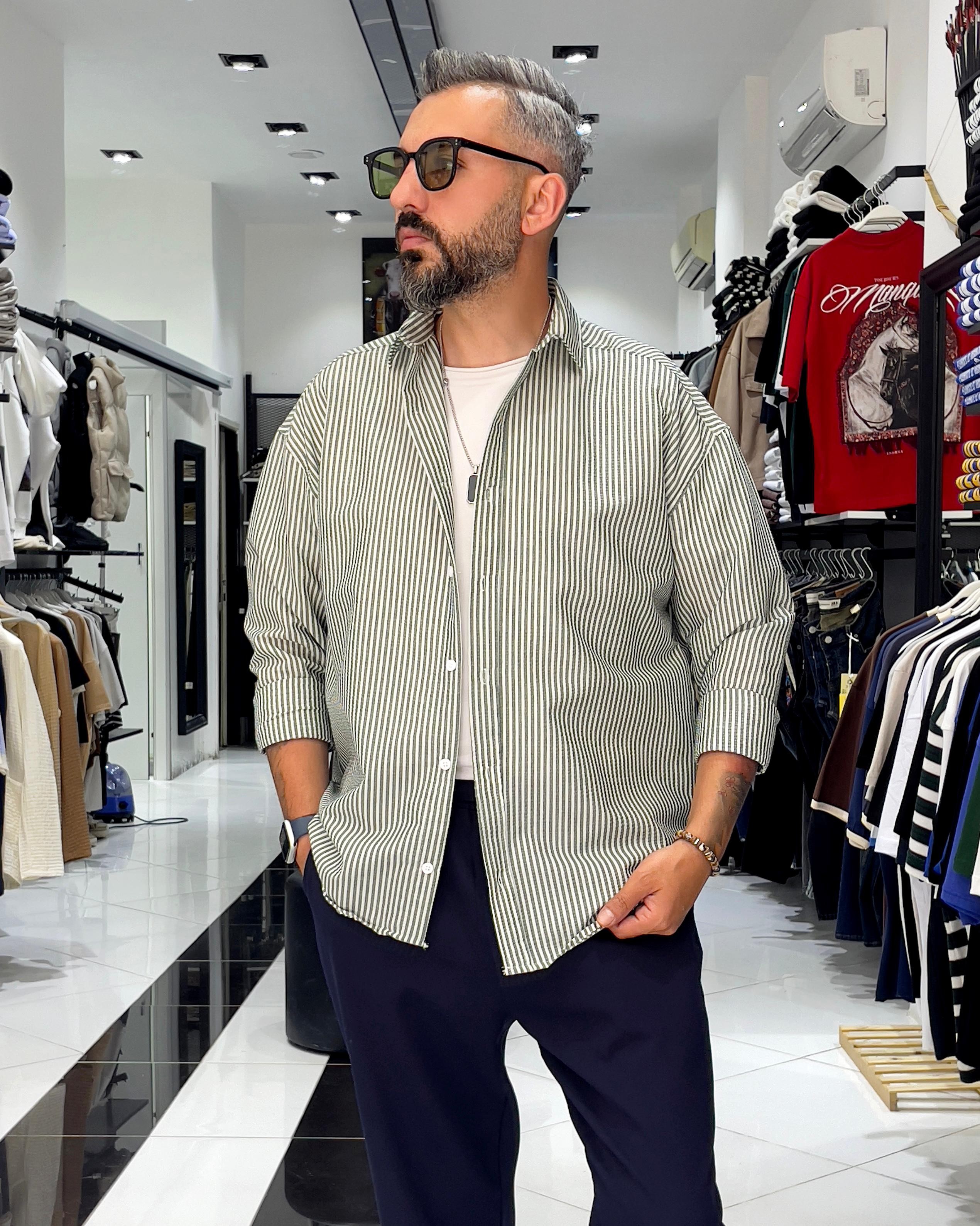 Gofre Kumaş Çizgili Oversize Erkek Gömlek - haki