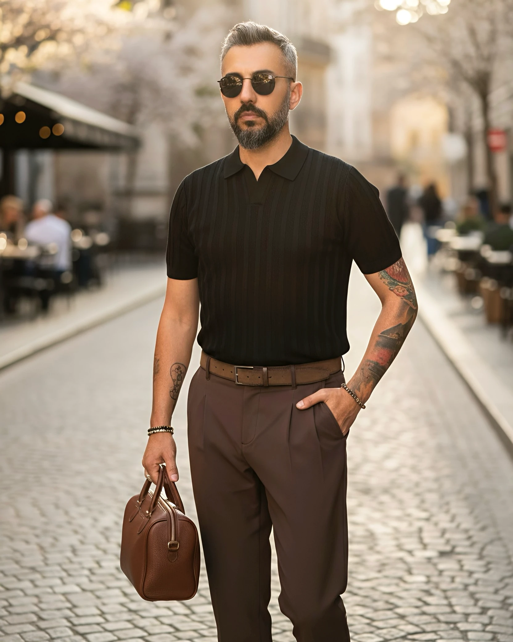 Yaka Detaylı Triko Polo Yaka Erkek T-Shirt - siyah