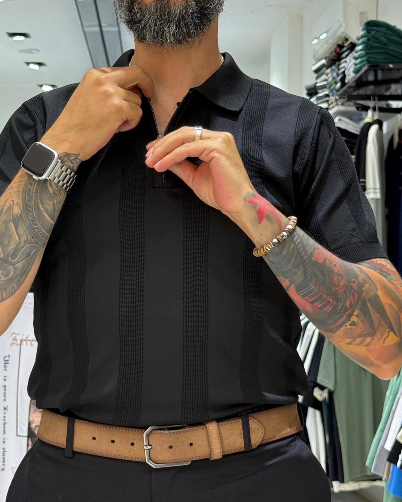  Desenli Polo Yaka Yarım Fermuarlı Erkek T-Shirt