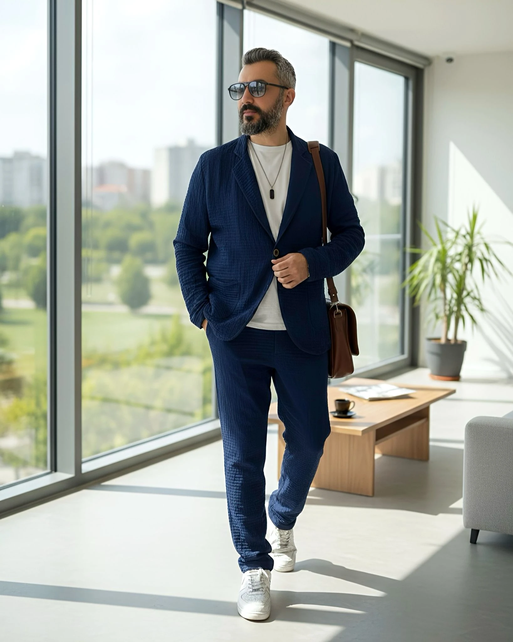 Linen Cotton Two Piece Suit - Navy blue