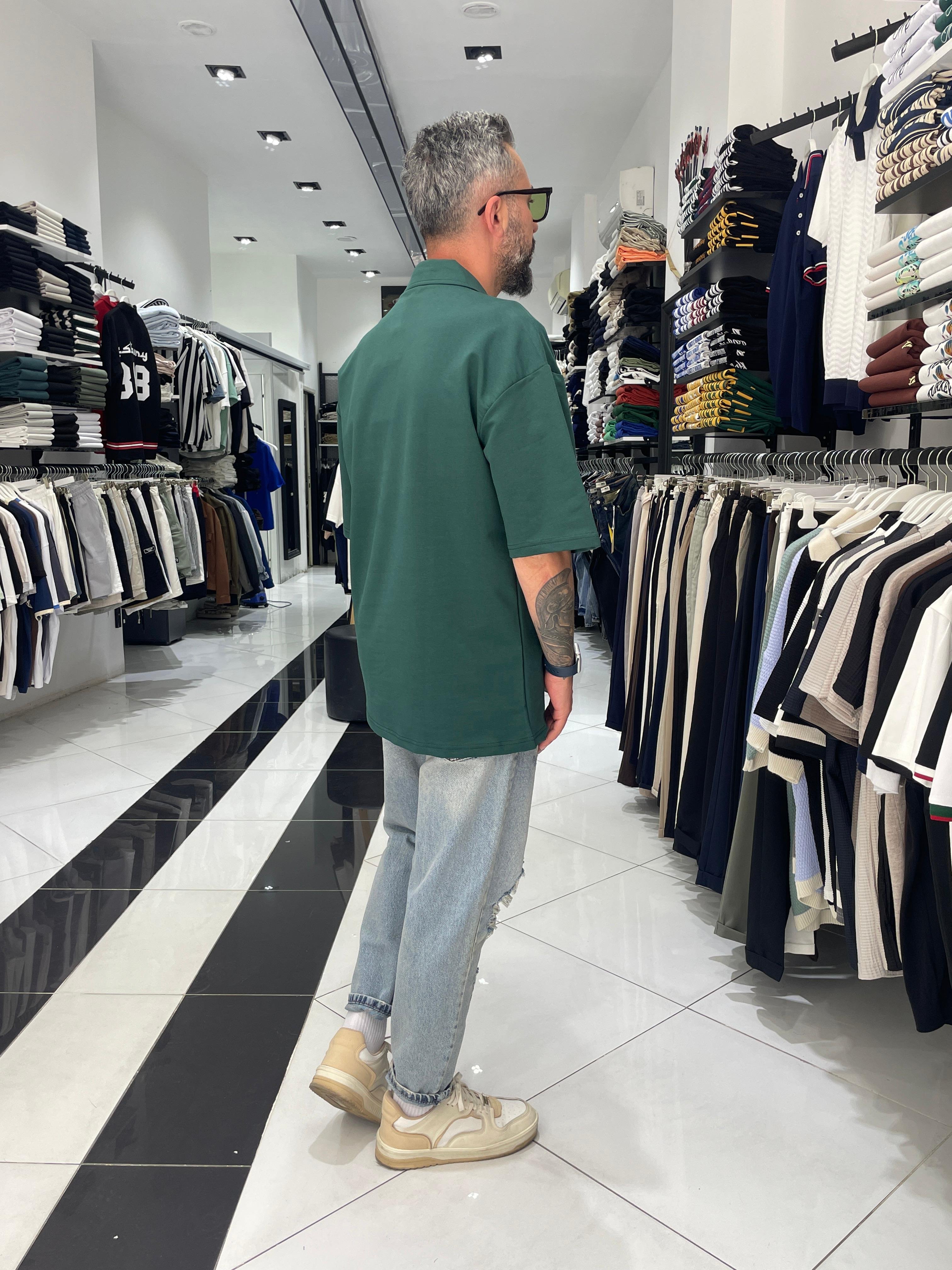 Hommie Baskili Oversize Erkek Polo Yaka T-Shirt - yeşil