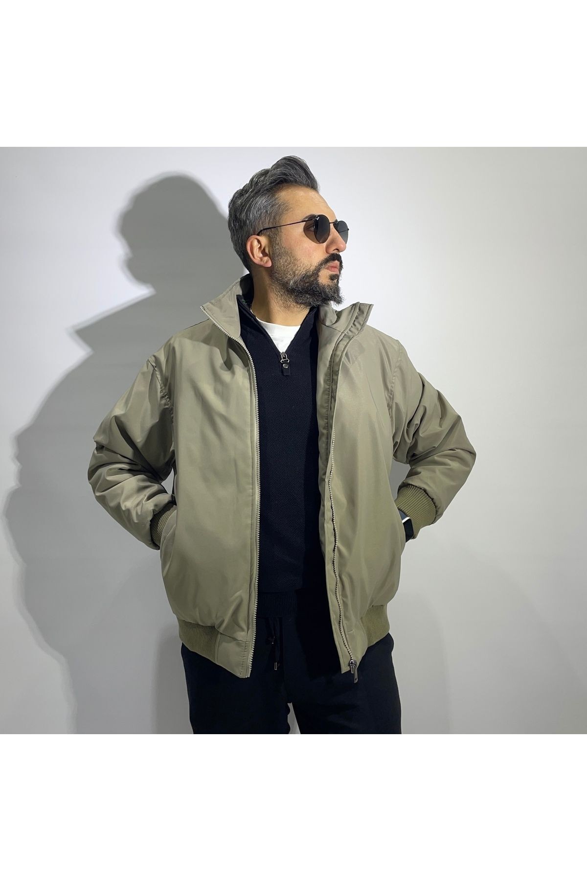 Oversize Fermuarlı Erkek Bomber Mont - haki