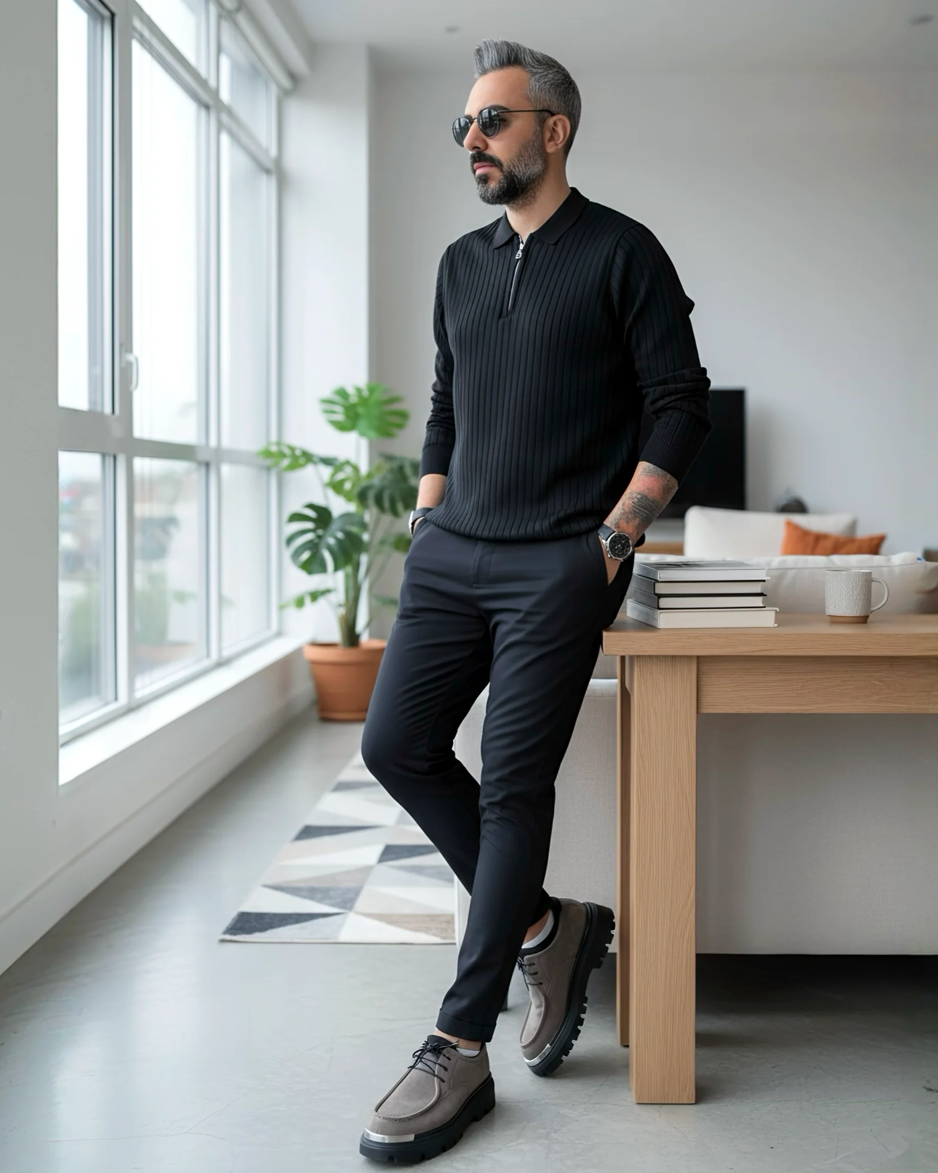 Espresso Line Old Money Erkek Triko Yarım Fermuarlı Polo Kazak - siyah