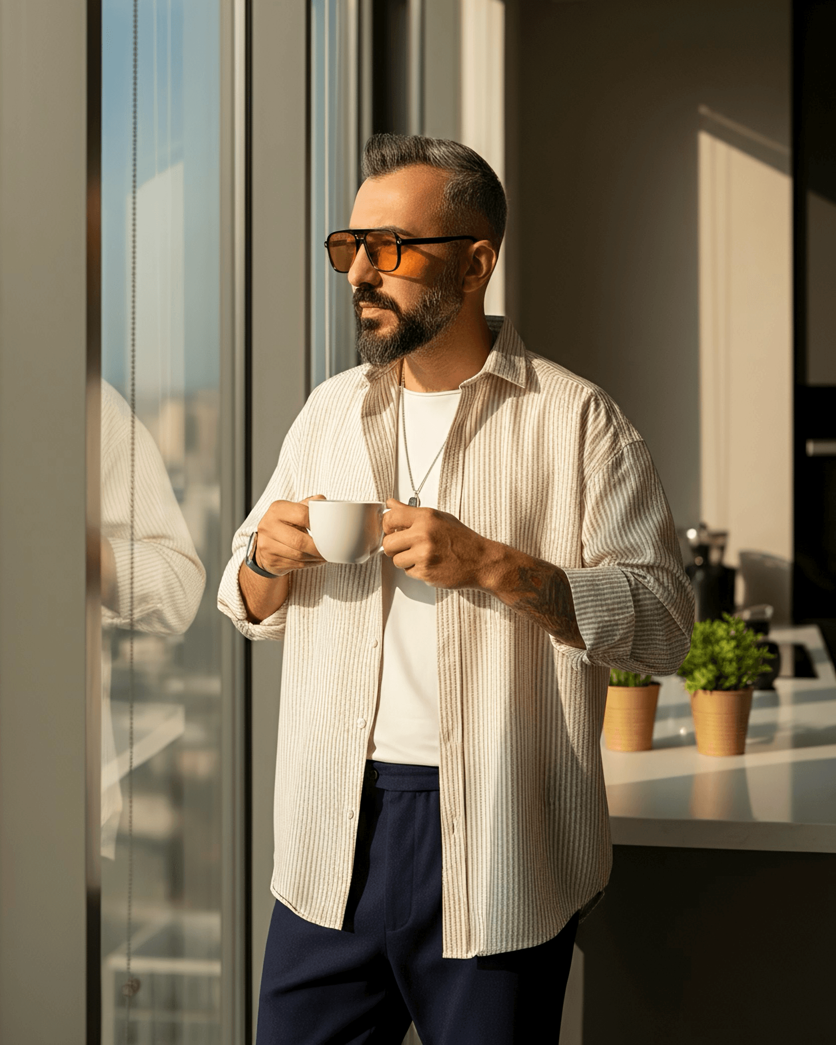 Gofre Kumaş Çizgili Oversize Erkek Gömlek - açık kahve