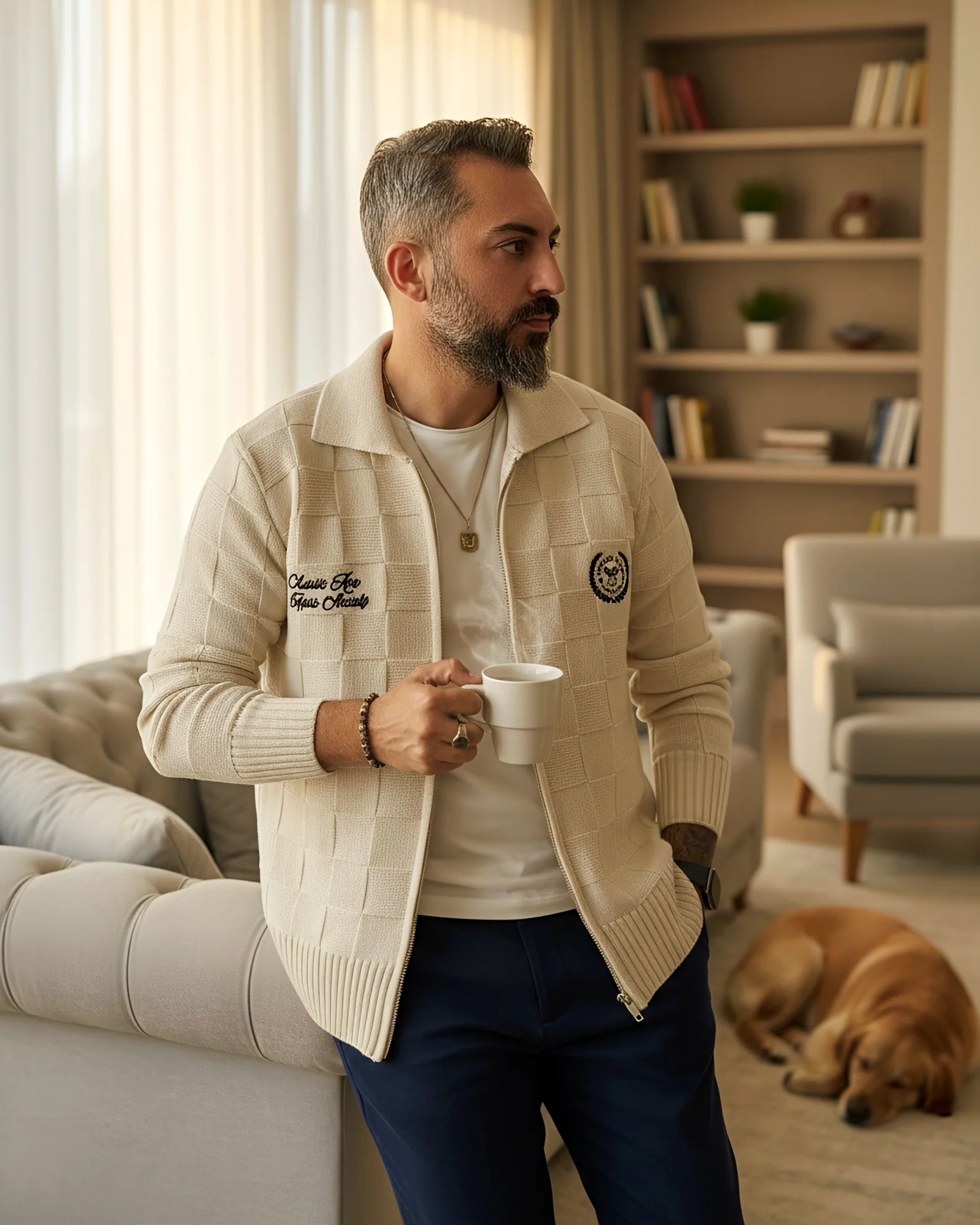 Zippered Men's Cardigan - Beige