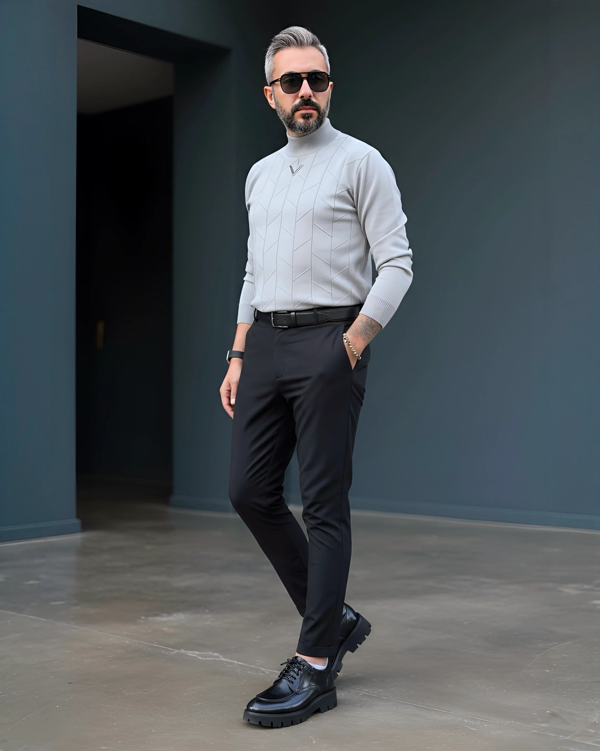 Yarım Balıkçı Desenli Triko Erkek Kazak - gri