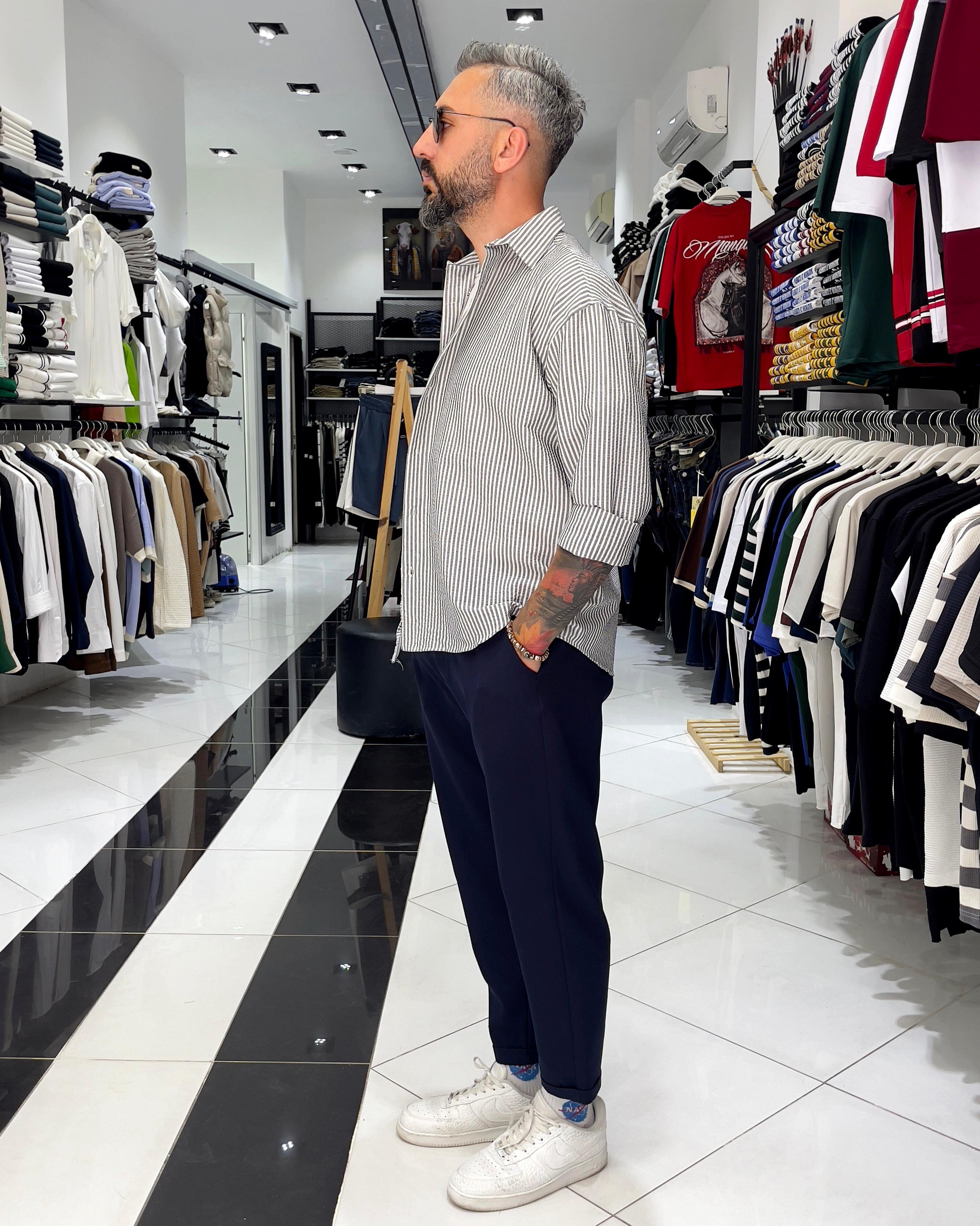 Gofre Kumaş Çizgili Oversize Erkek Gömlek - siyah