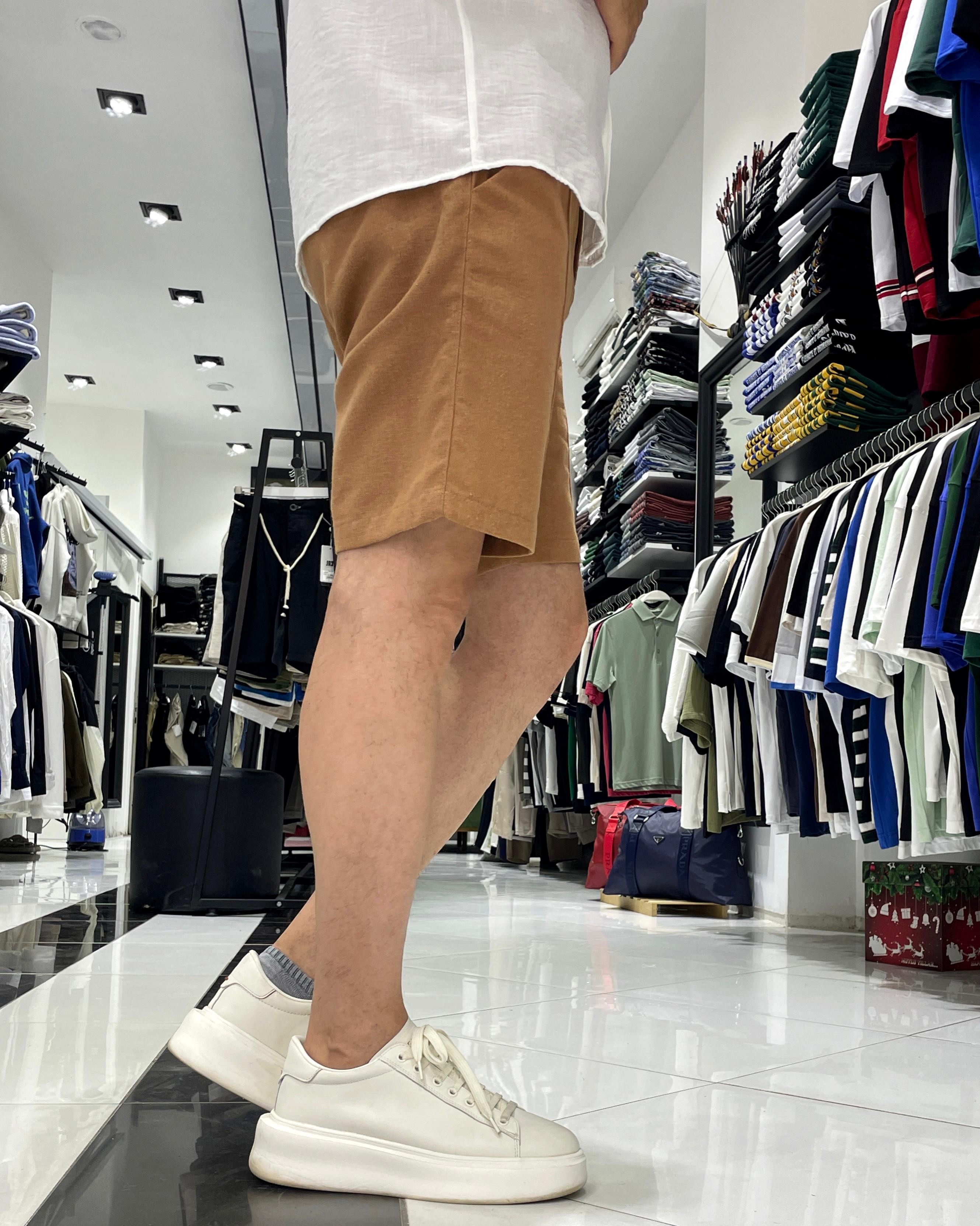 Relaxed Fit Çima Çizgi Detaylı Erkek Keten Pamuk Şort - Karamel