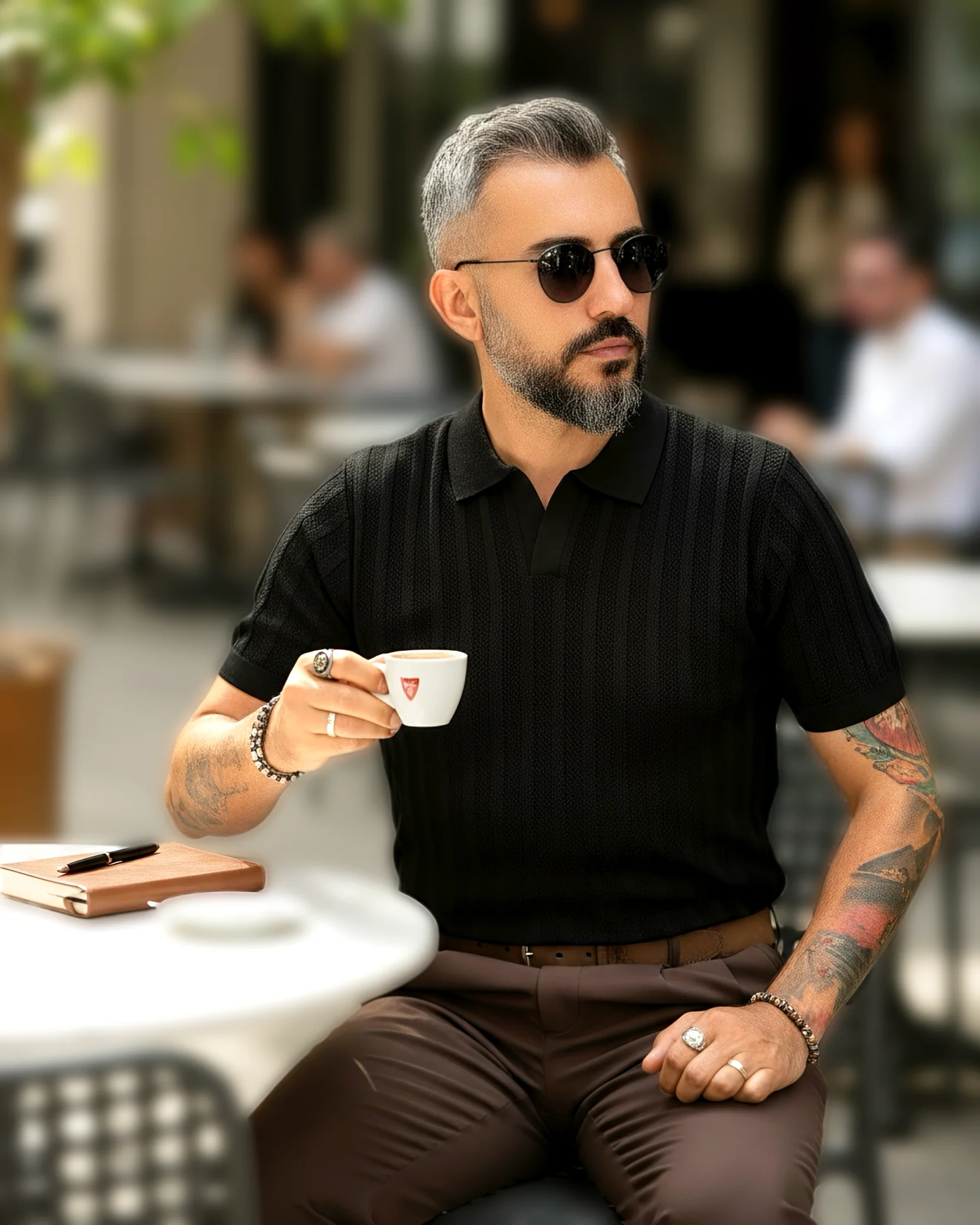 Yaka Detaylı Triko Polo Yaka Erkek T-Shirt - siyah