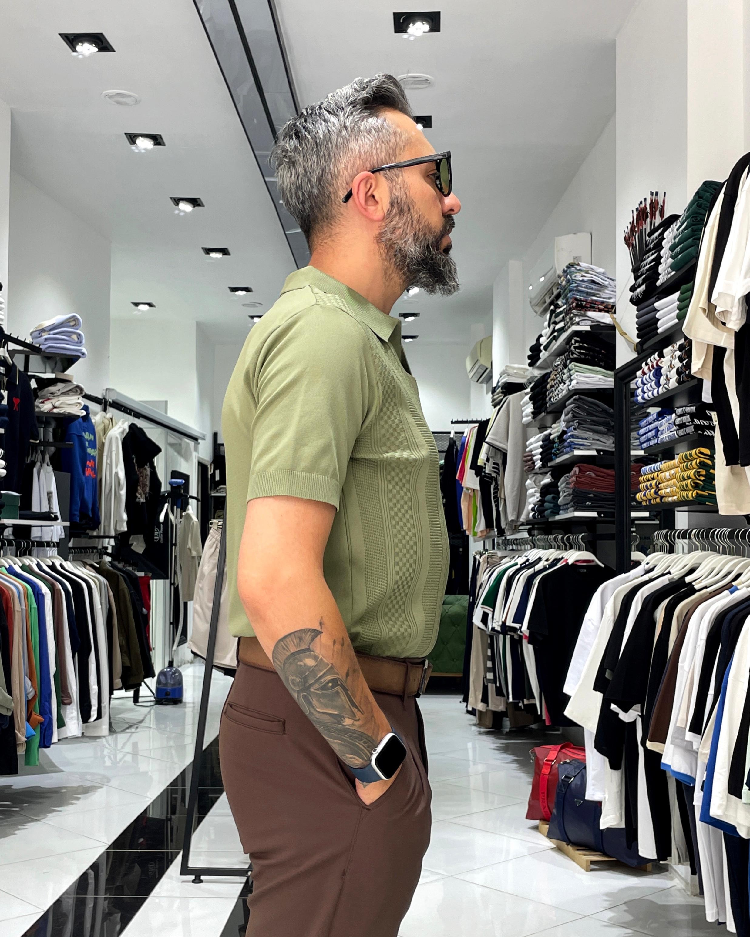 Kendinden Desenli Triko Erkek Polo Yaka T-Shirt