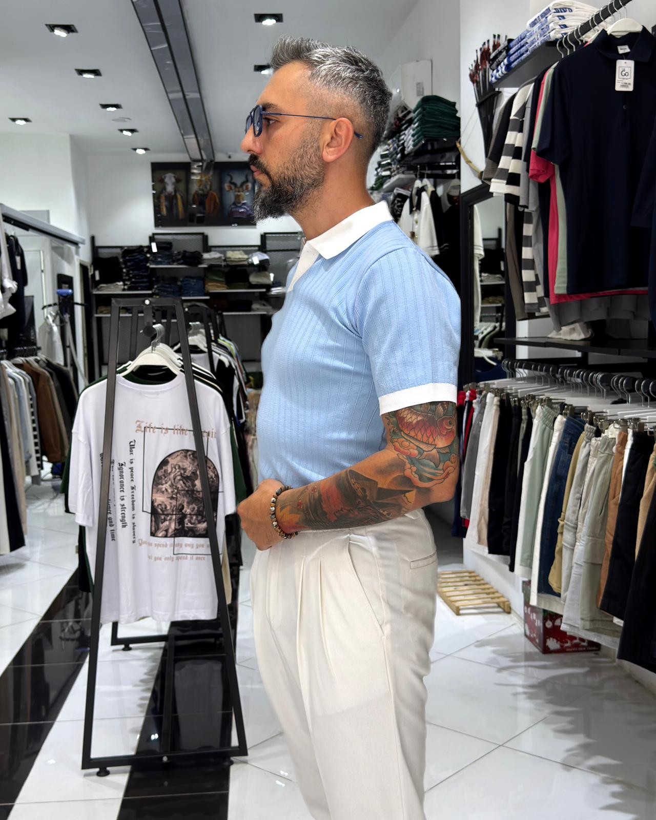 Yaka Detaylı Erkek Triko Polo Yaka T-Shirt - Bebe Mavisi