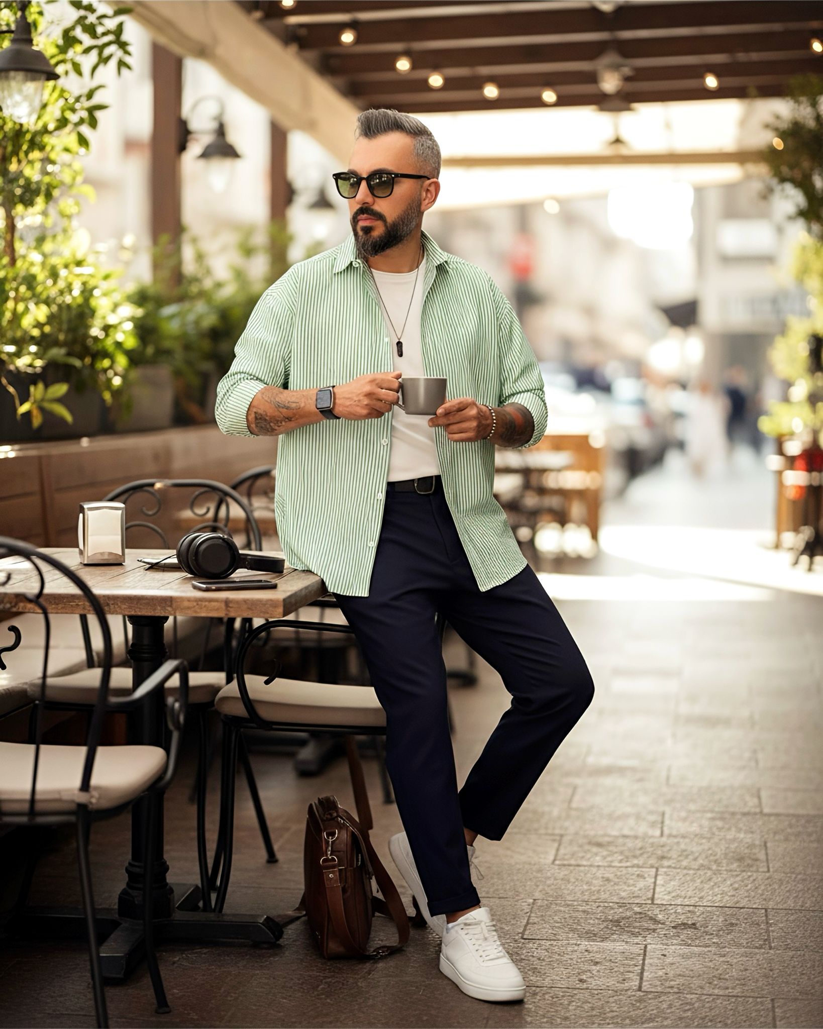 Gofre Kumaş Çizgili Oversize Erkek Gömlek - yeşil