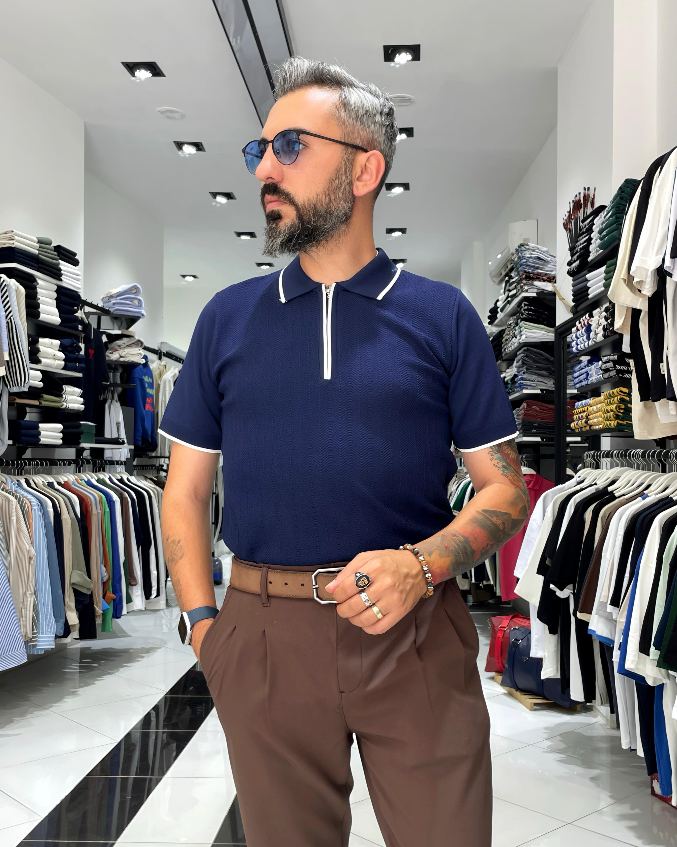 Fermuarlı Triko Polo Yaka Erkek Tişört - lacivert