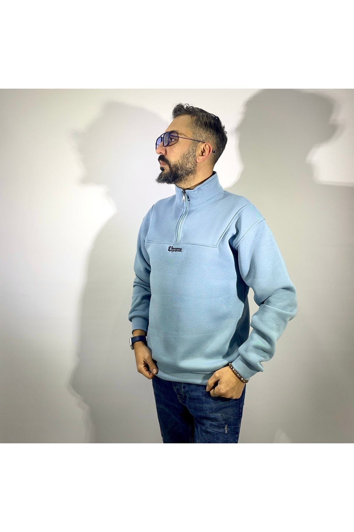 Yarım Fermuarlı Oversize Erkek Sweatshirt - mavi