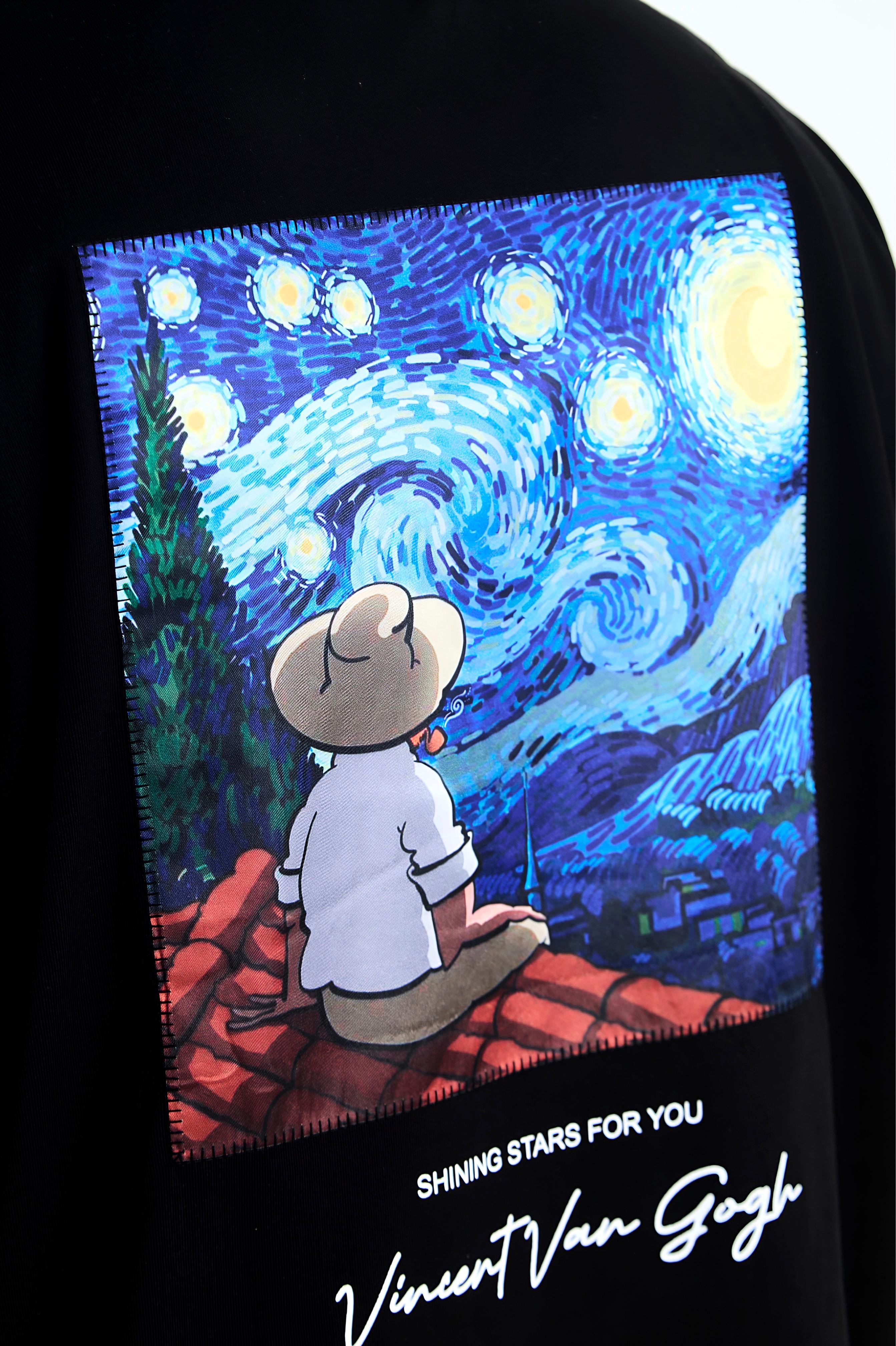 Starry Vision Sırt Kumaş Baskı Van Gogh Oversize Erkek T-Shirt - siyah