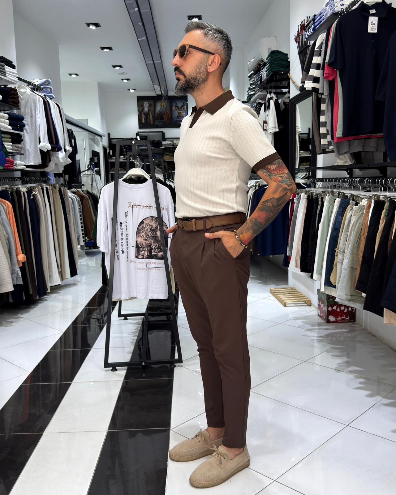 Yaka Detaylı Erkek Triko Polo Yaka T-Shirt - krem