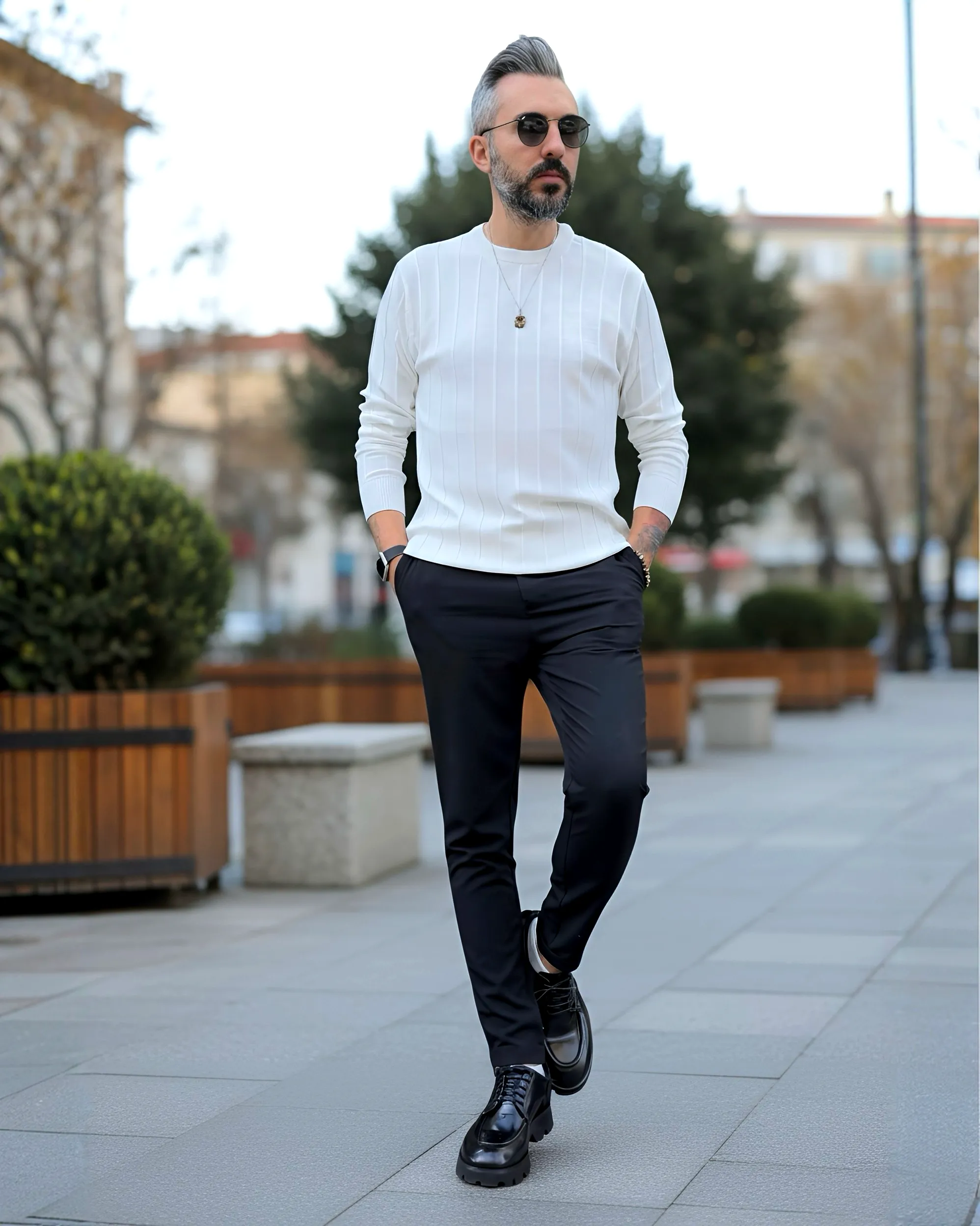 La Forma Fitil Dokulu Bisiklet Yaka Erkek Triko Kazak - beyaz