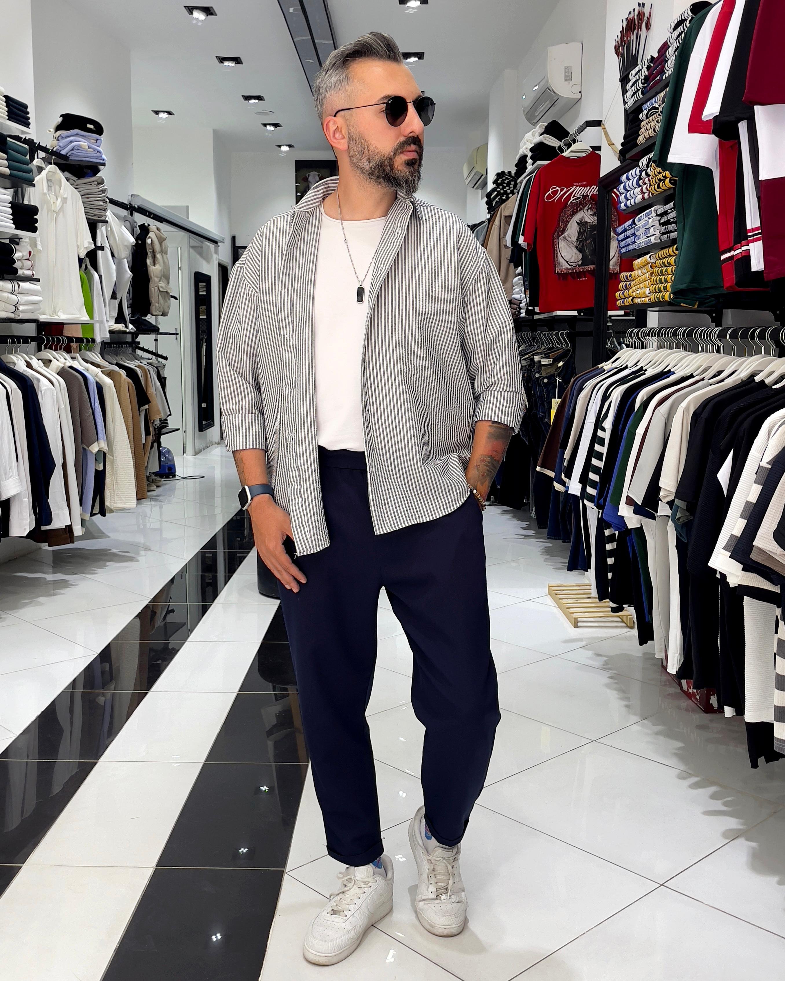 Gofre Kumaş Çizgili Oversize Erkek Gömlek - siyah