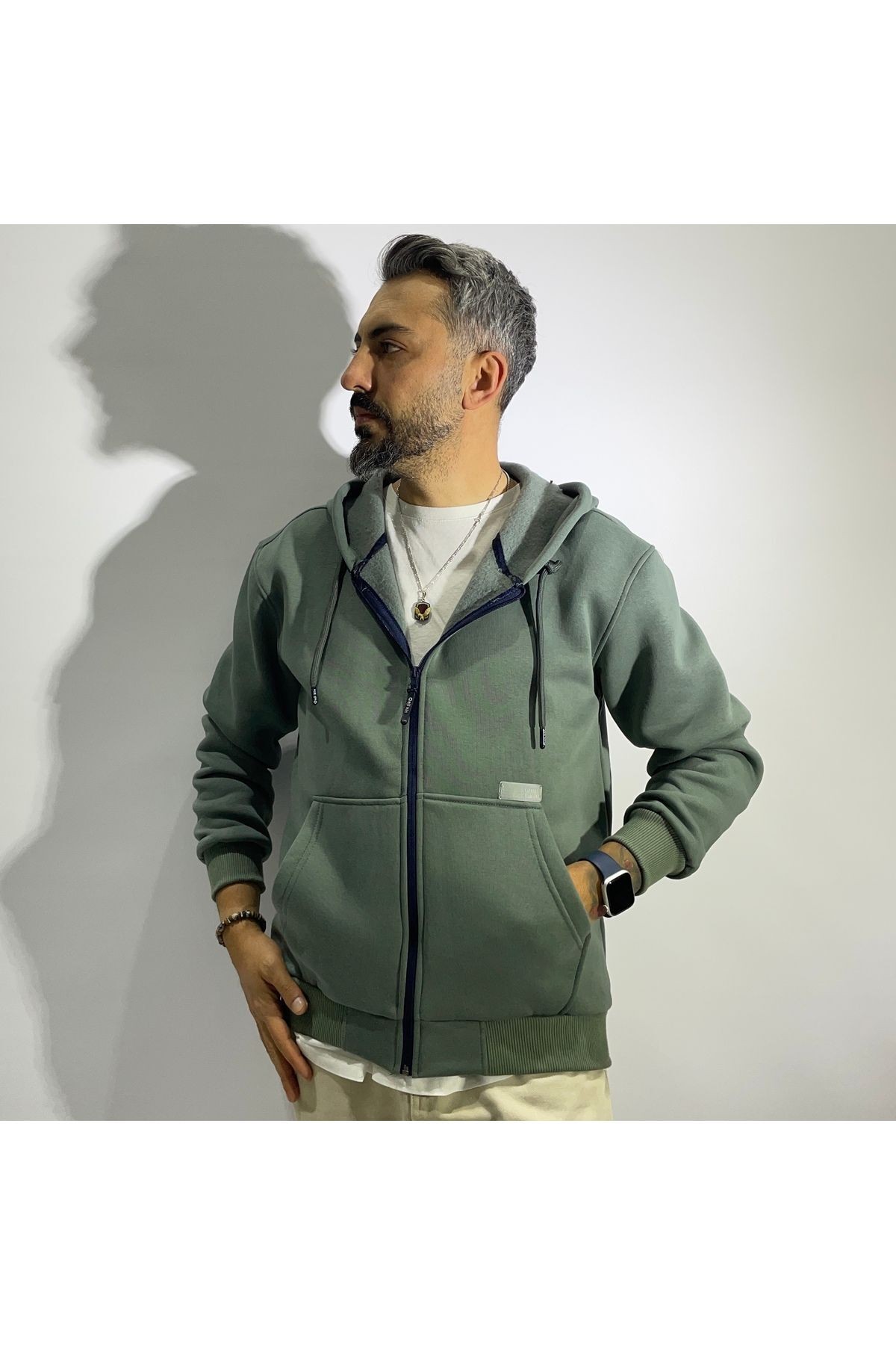 Fermuarlı Kapüşonlu Basic Erkek Sweatshirt - yeşil