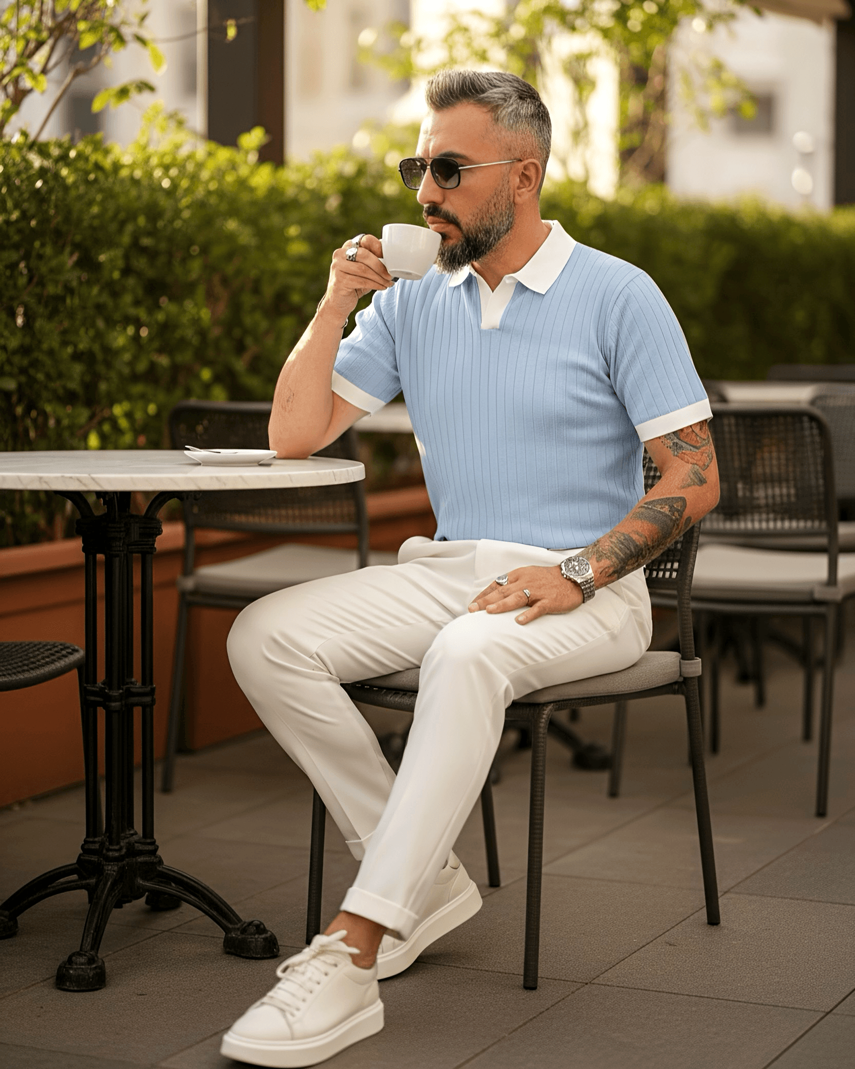 Yaka Detaylı Erkek Triko Polo Yaka T-Shirt - Bebe Mavisi
