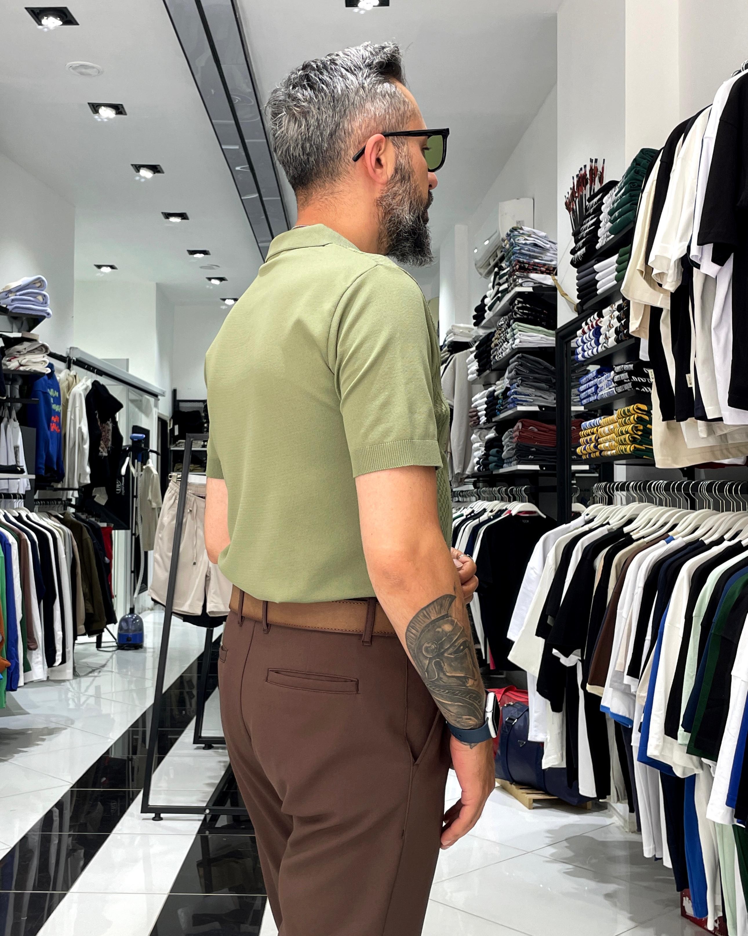 Kendinden Desenli Triko Erkek Polo Yaka T-Shirt