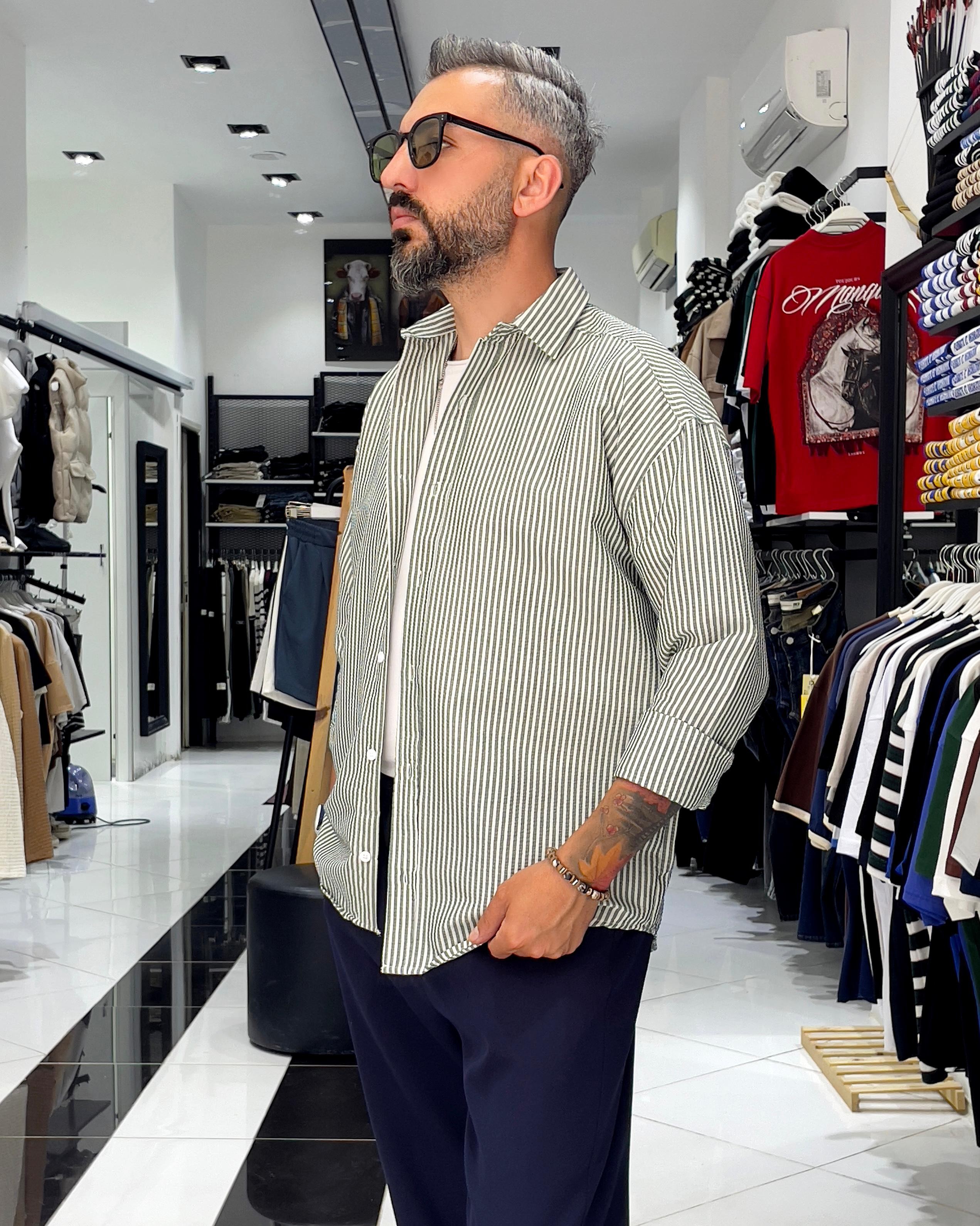 Gofre Kumaş Çizgili Oversize Erkek Gömlek - haki