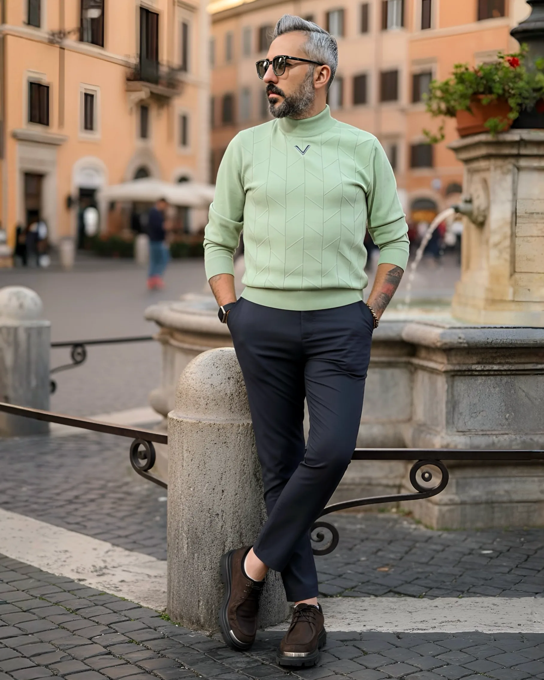 Yarım Balıkçı Desenli Triko Erkek Kazak - yeşil