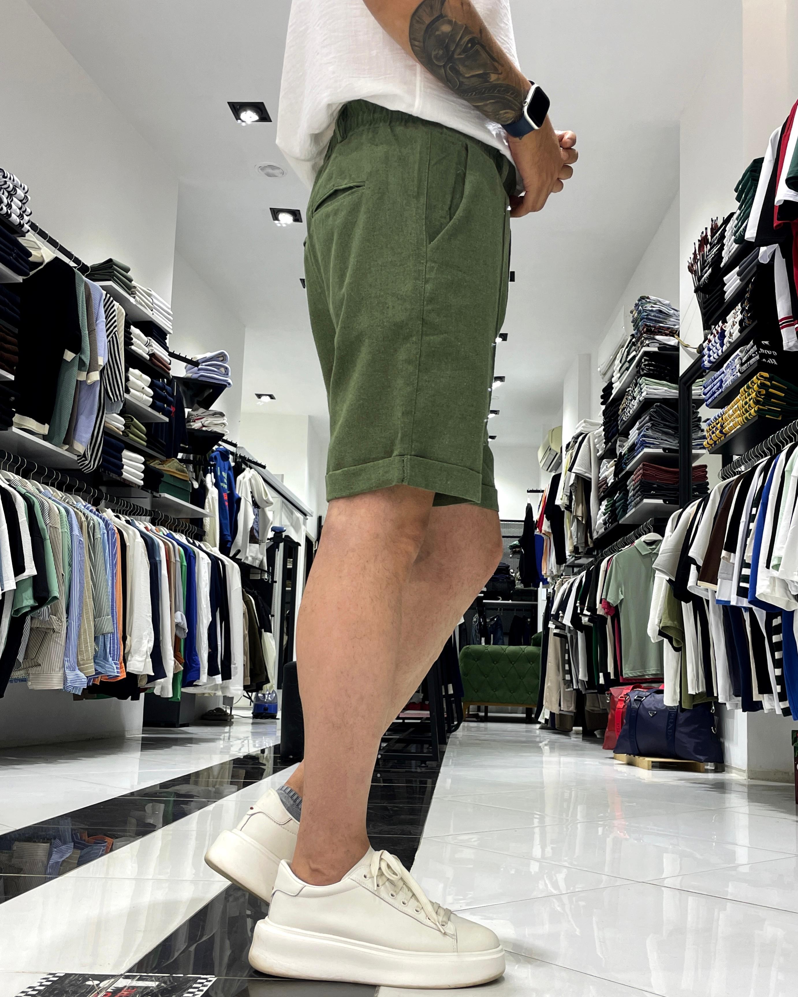 Relaxed Fit Çima Çizgi Detaylı Erkek Keten Pamuk Şort - yeşil