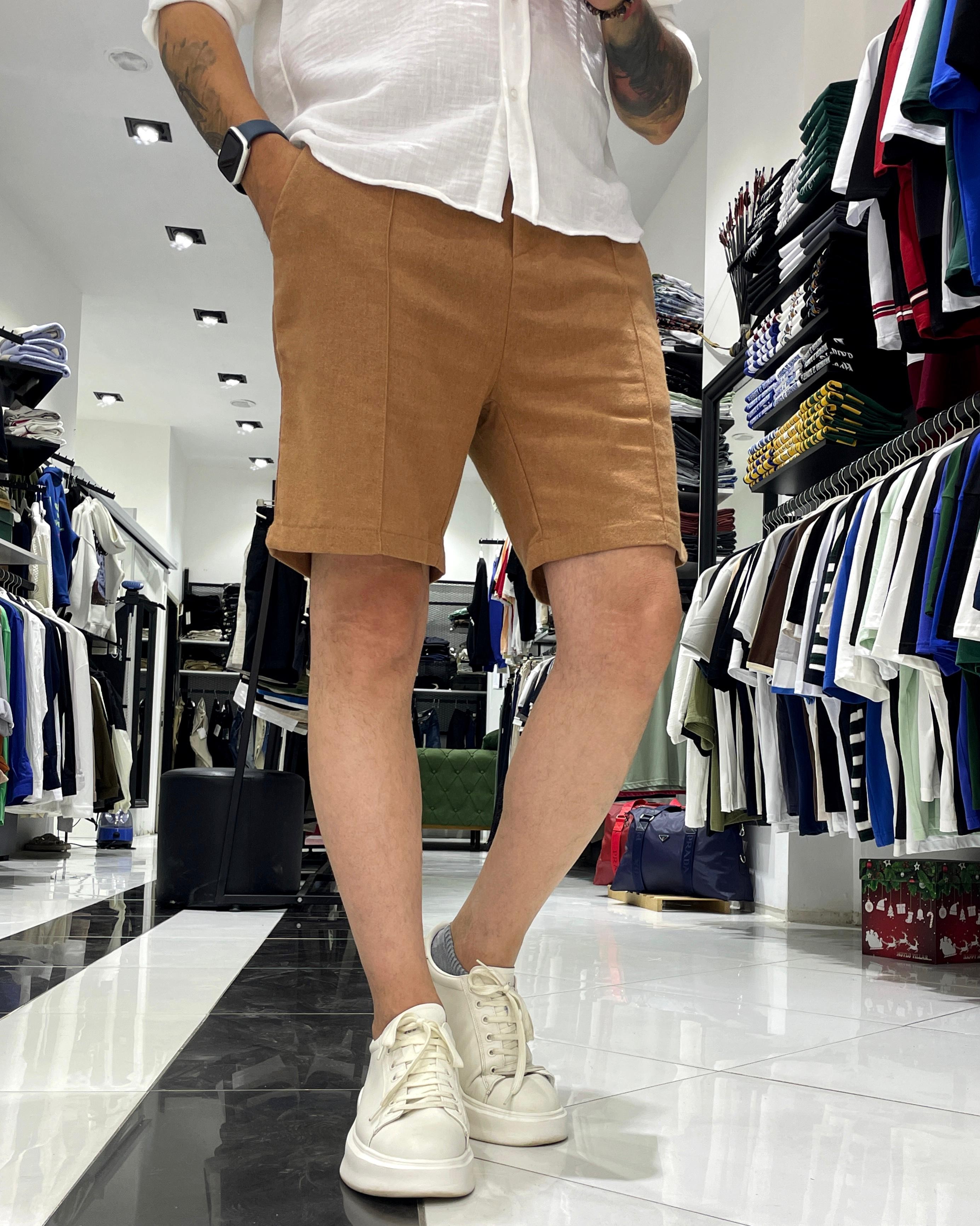 Relaxed Fit Çima Çizgi Detaylı Erkek Keten Pamuk Şort - Karamel