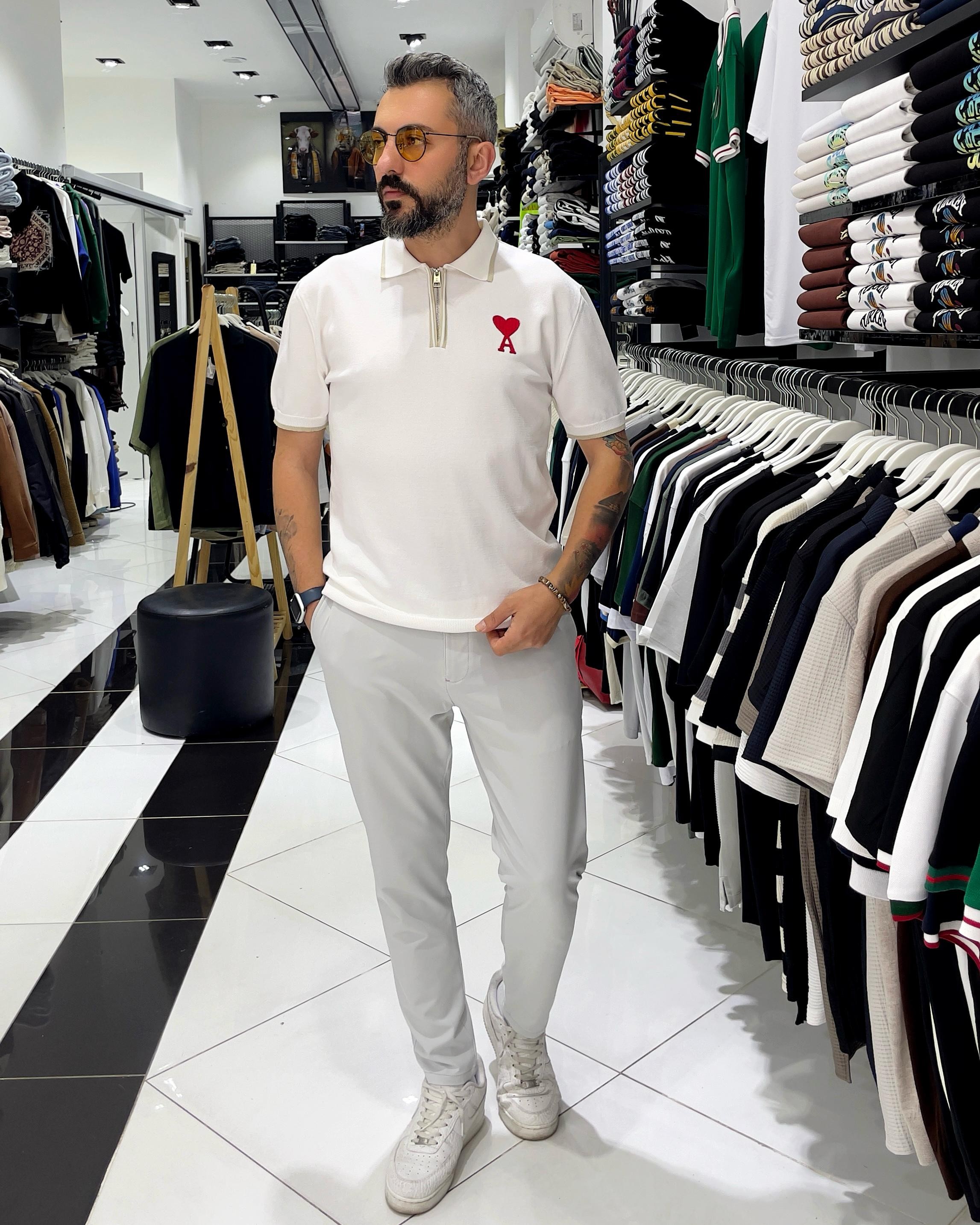 Yarım Fermuarlı Triko Polo Yaka T-Shirt - beyaz
