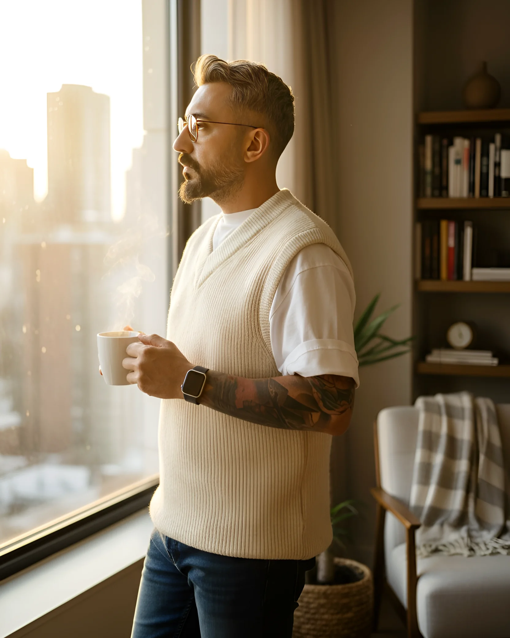 Kolsuz V Yaka Erkek Süveter - bej