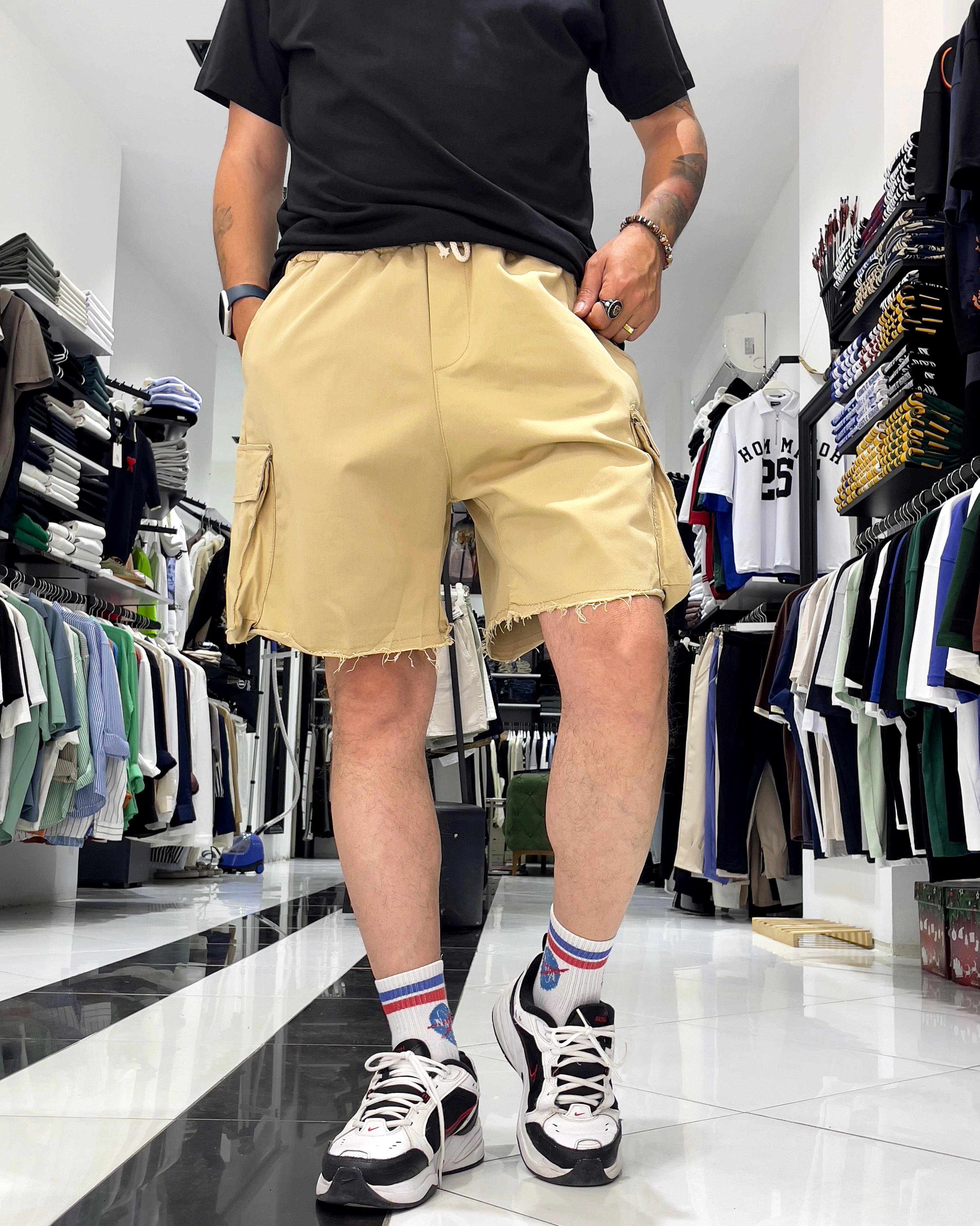 Baggy Fit Organik Denim Erkek Kargo Şort – Higo Man - krem
