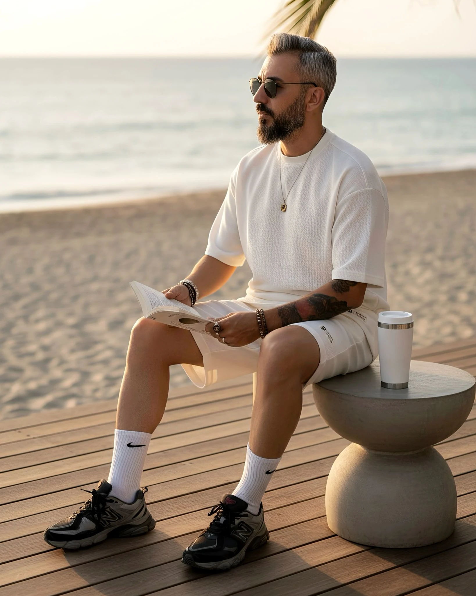 Waffle Fabric Oversize Men's T-Shirt & Shorts Two-Piece Set - White