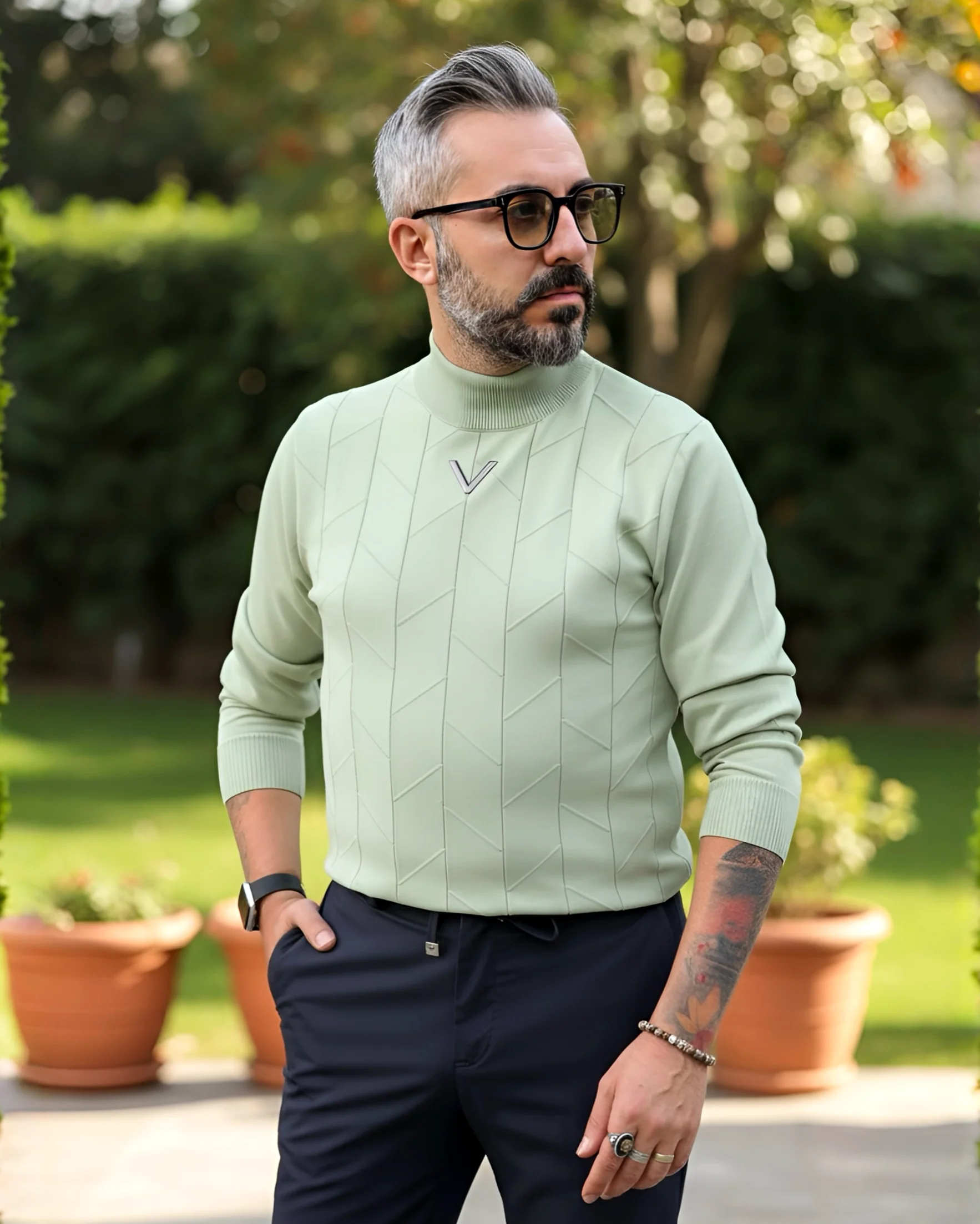 Yarım Balıkçı Desenli Triko Erkek Kazak - yeşil