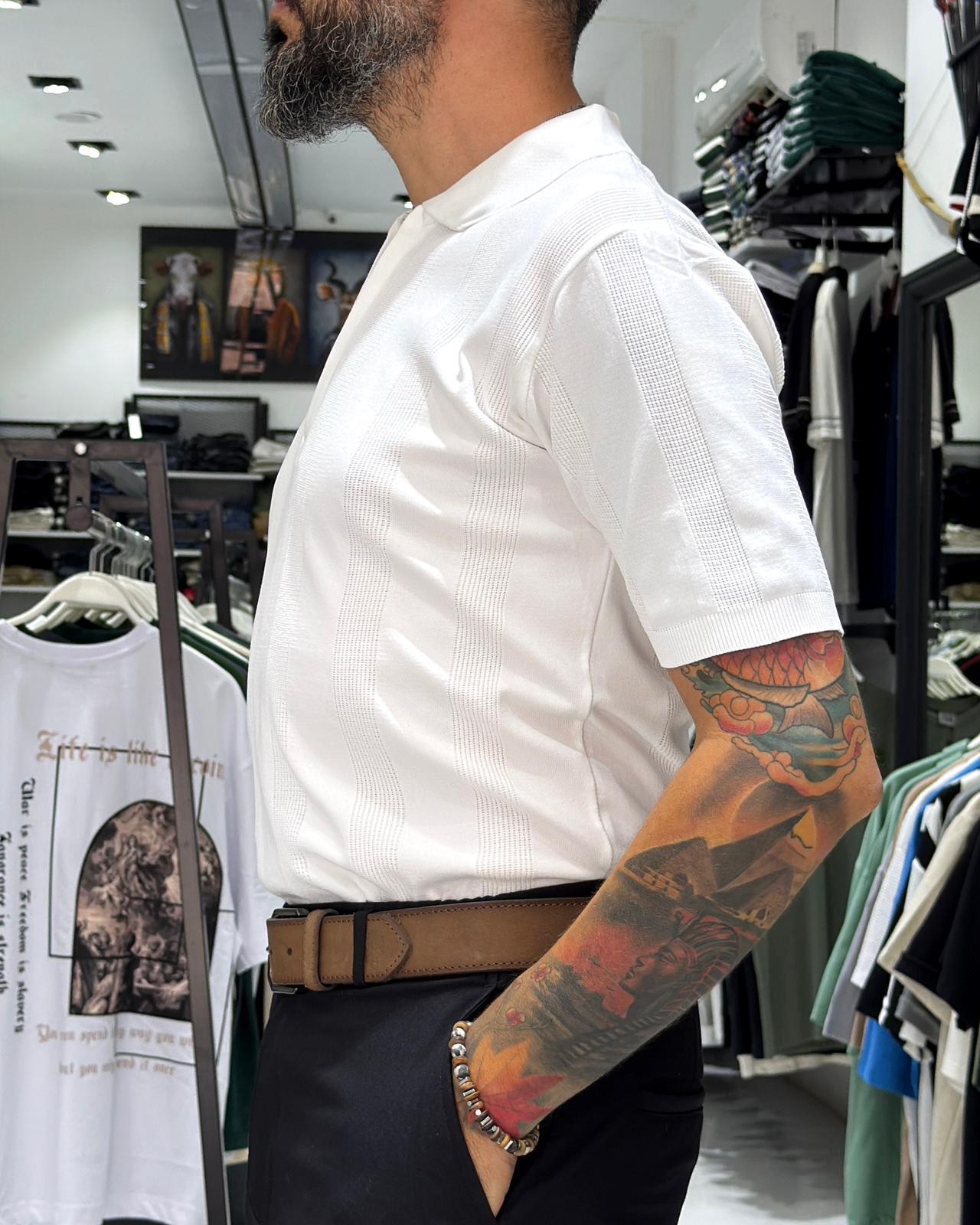 Desenli Polo Yaka Yarım Fermuarlı Erkek T-Shirt - beyaz
