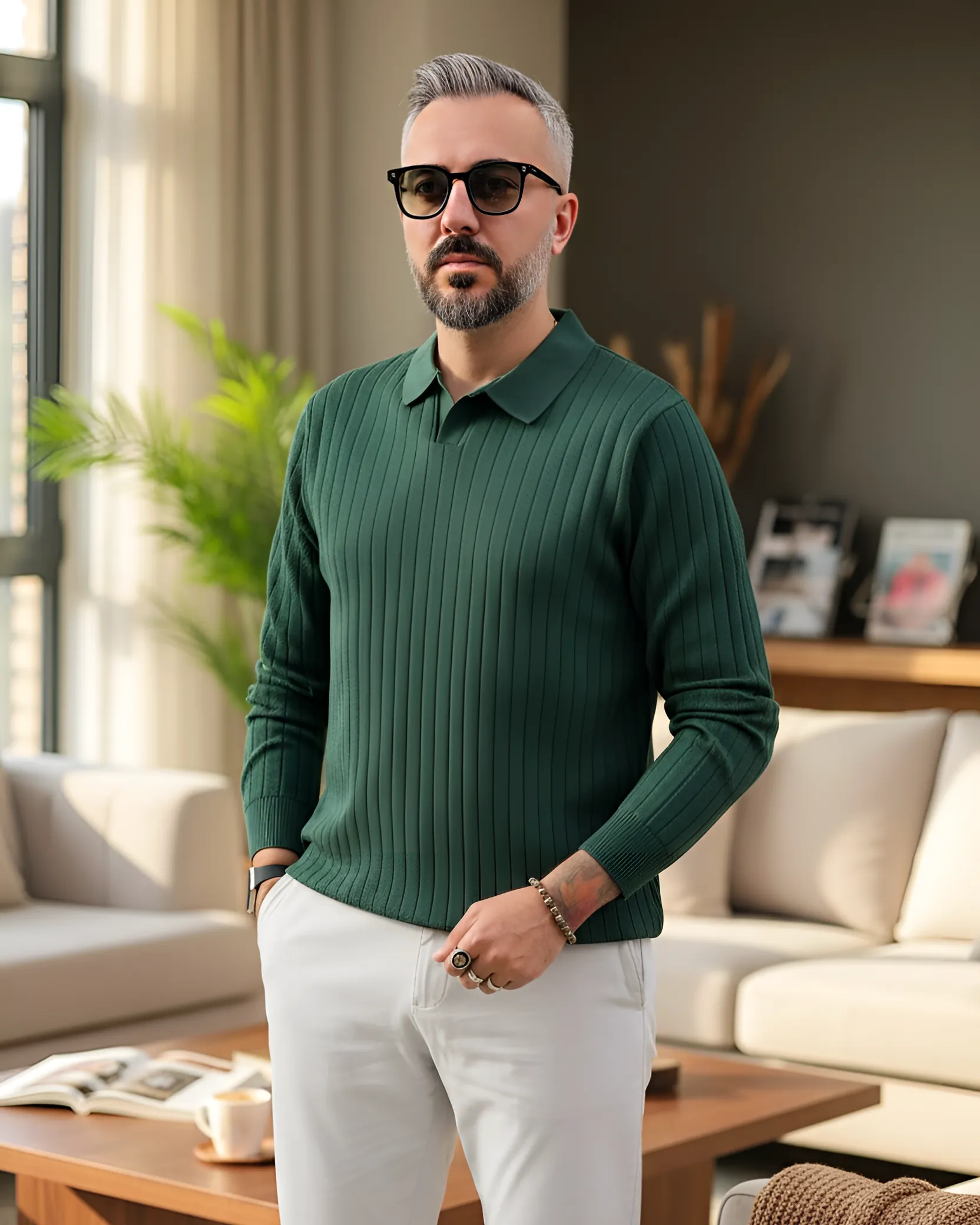 Old Money Rib Erkek Polo Yaka Triko Kazak - yeşil