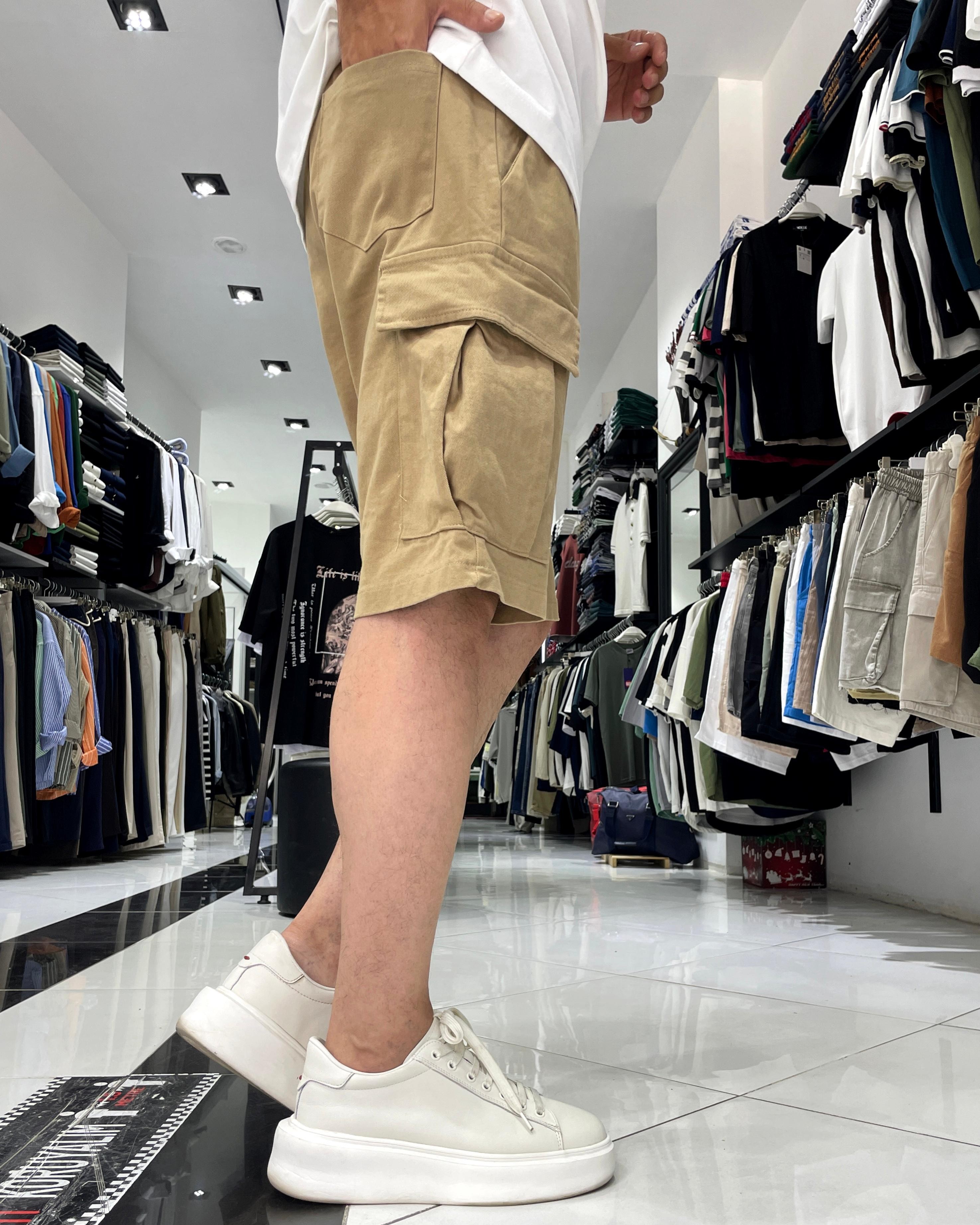 Elastic Waist Denim Shorts with Cargo Pockets - Beige