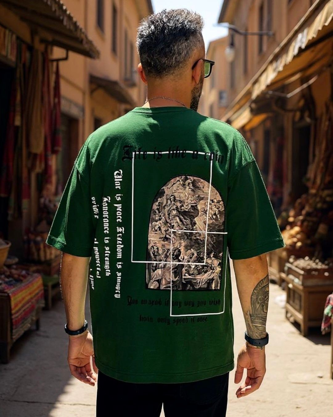 Antik Kumaş Sırt Baskılı Oversize Erkek T-Shirt - haki