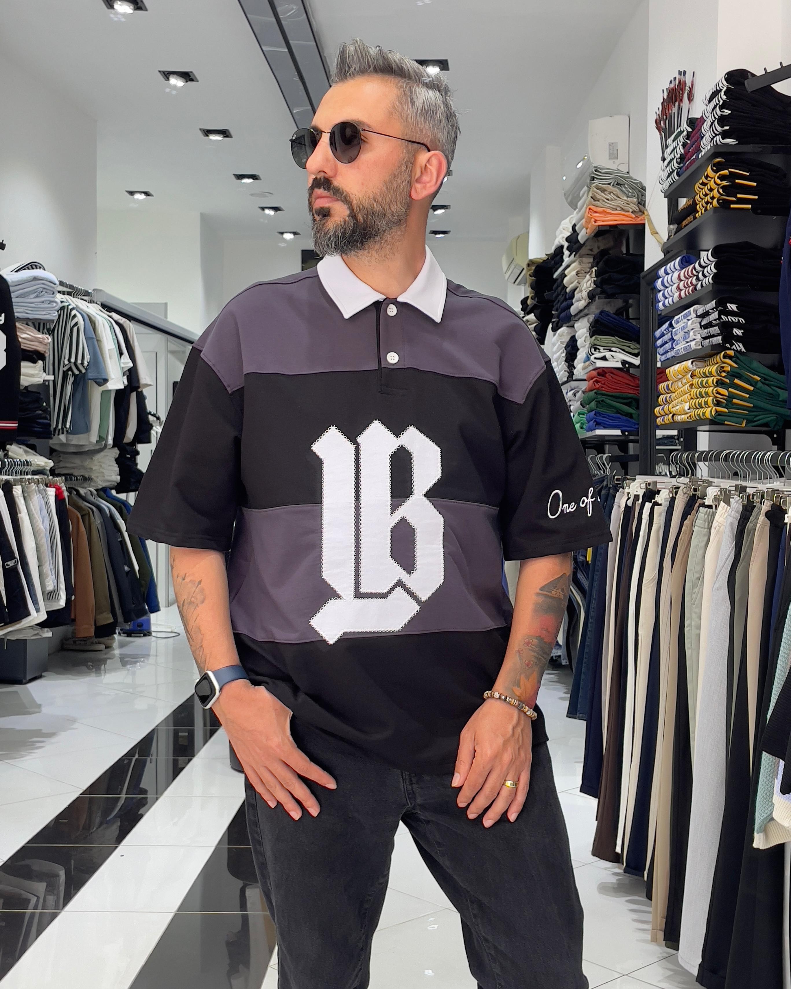 LB Nakışlı Yarım Fermuarlı Oversize Polo Yaka Erkek T-Shirt