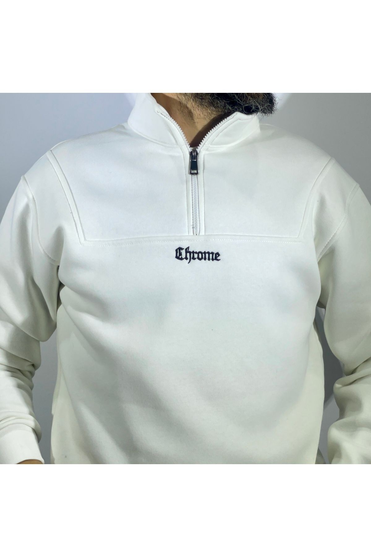Yarım Fermuarlı Oversize Erkek Sweatshirt - ekru